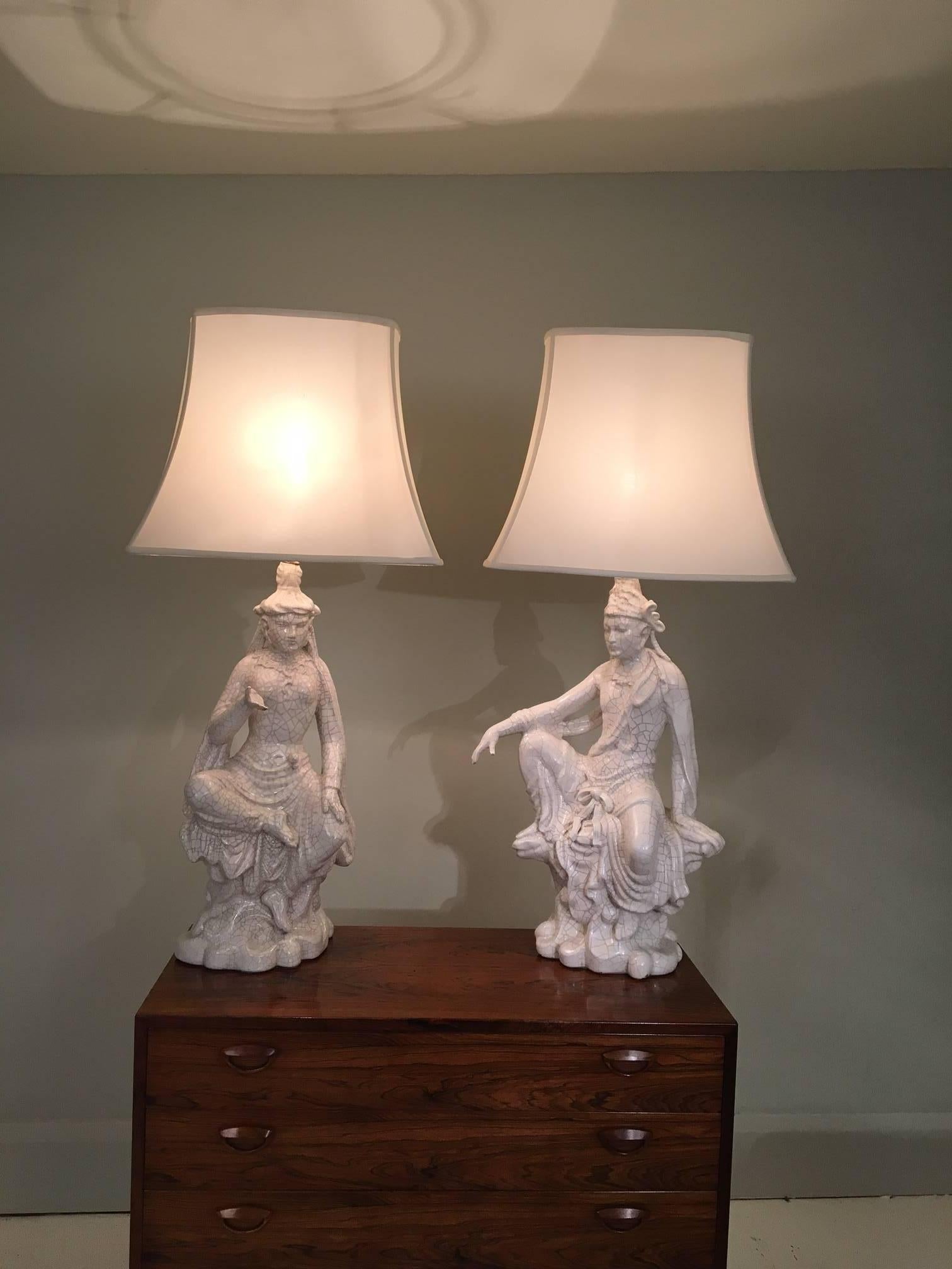 Mid-Century Modern Pair of Ceramic Deity Lamps, France, circa 1960 For Sale