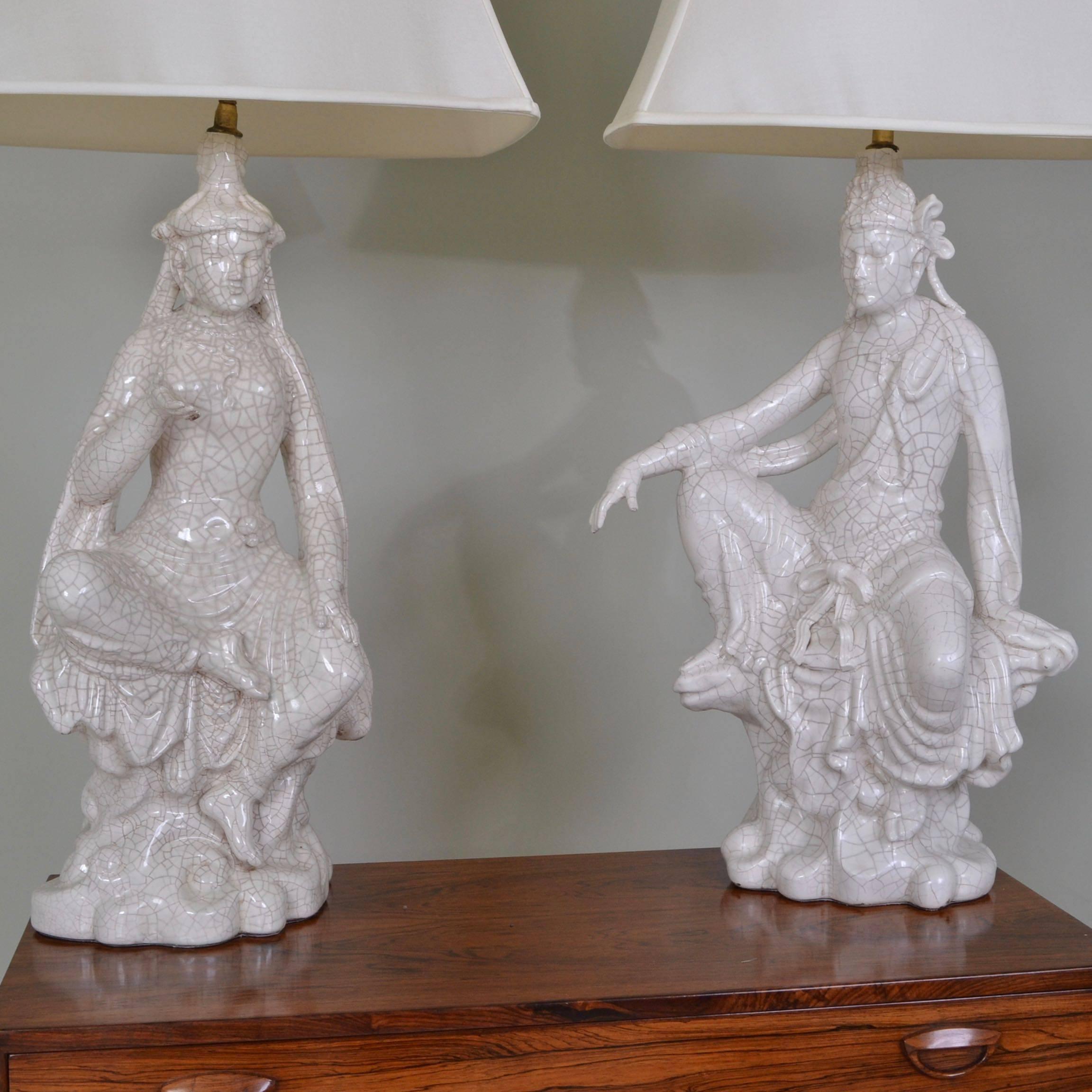 French Pair of Ceramic Deity Lamps, France, circa 1960 For Sale