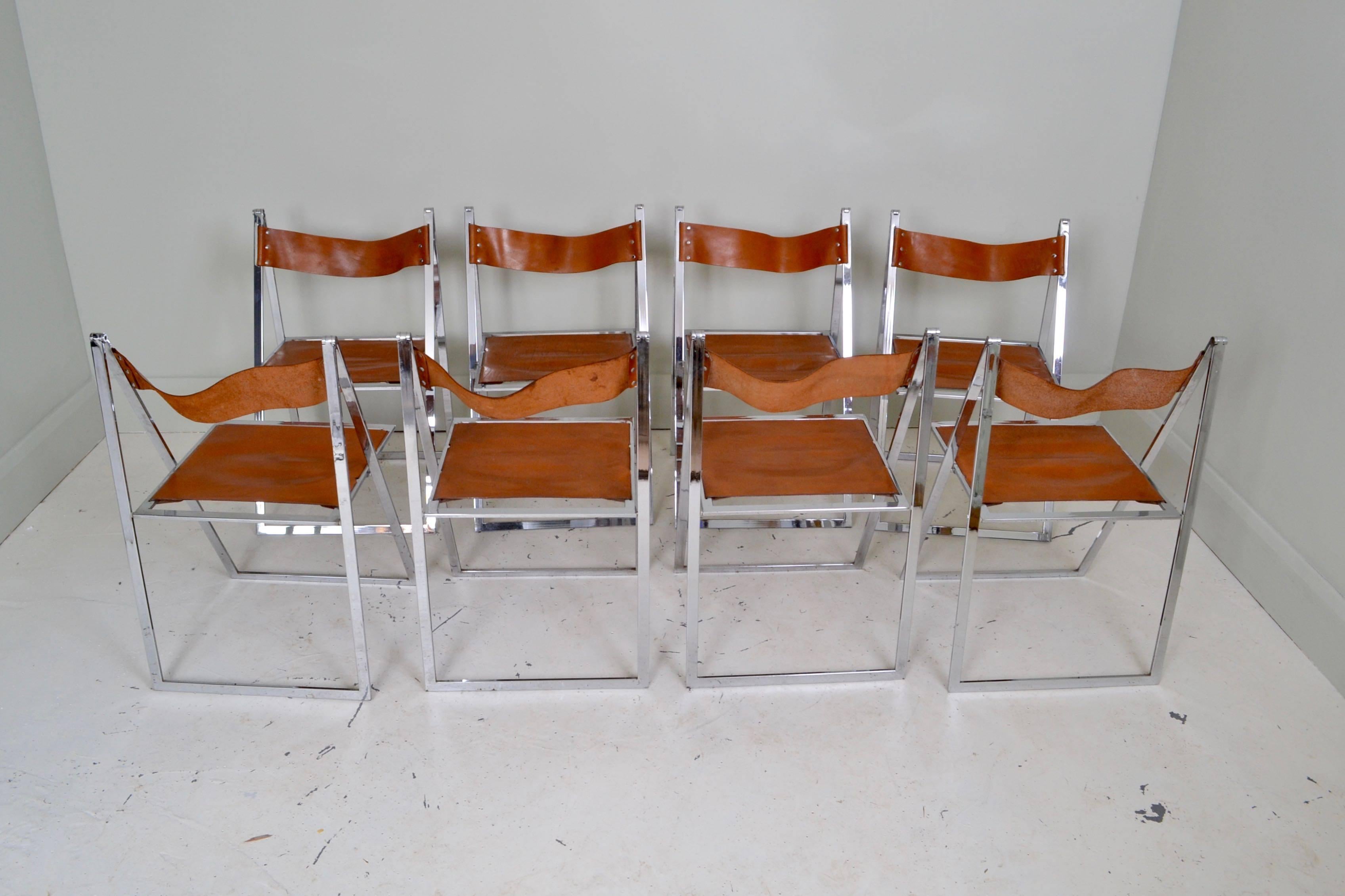 20th Century Set of Eight Leather and Chrome Vono Lubke Dining Chairs, Germany, circa 1970 For Sale