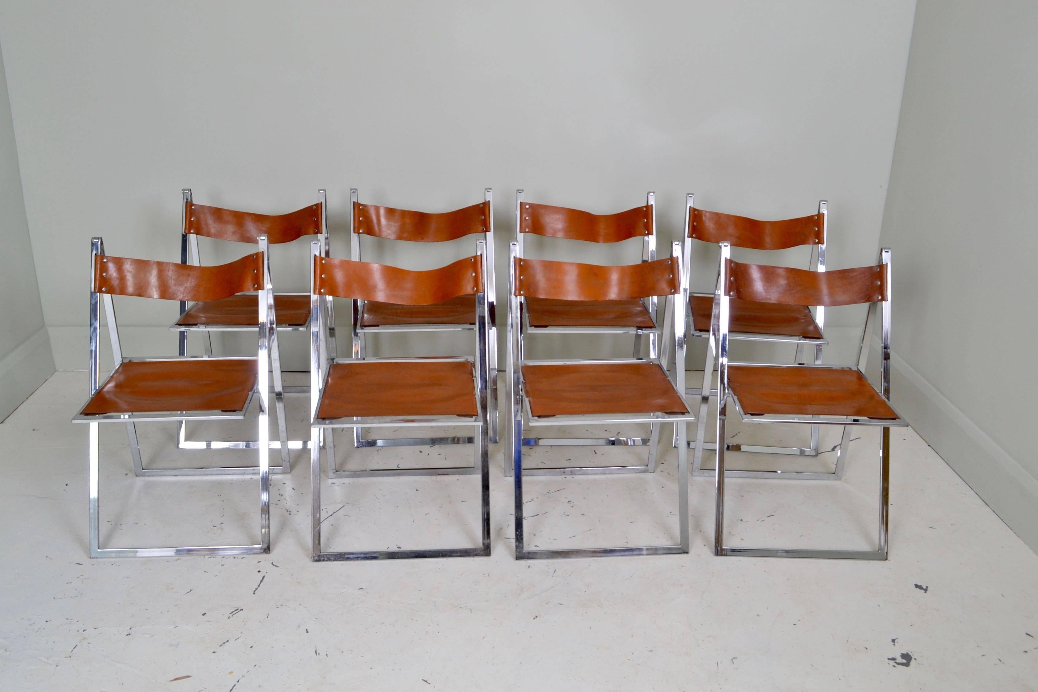 Set of Eight Leather and Chrome Vono Lubke Dining Chairs, Germany, circa 1970 For Sale 1