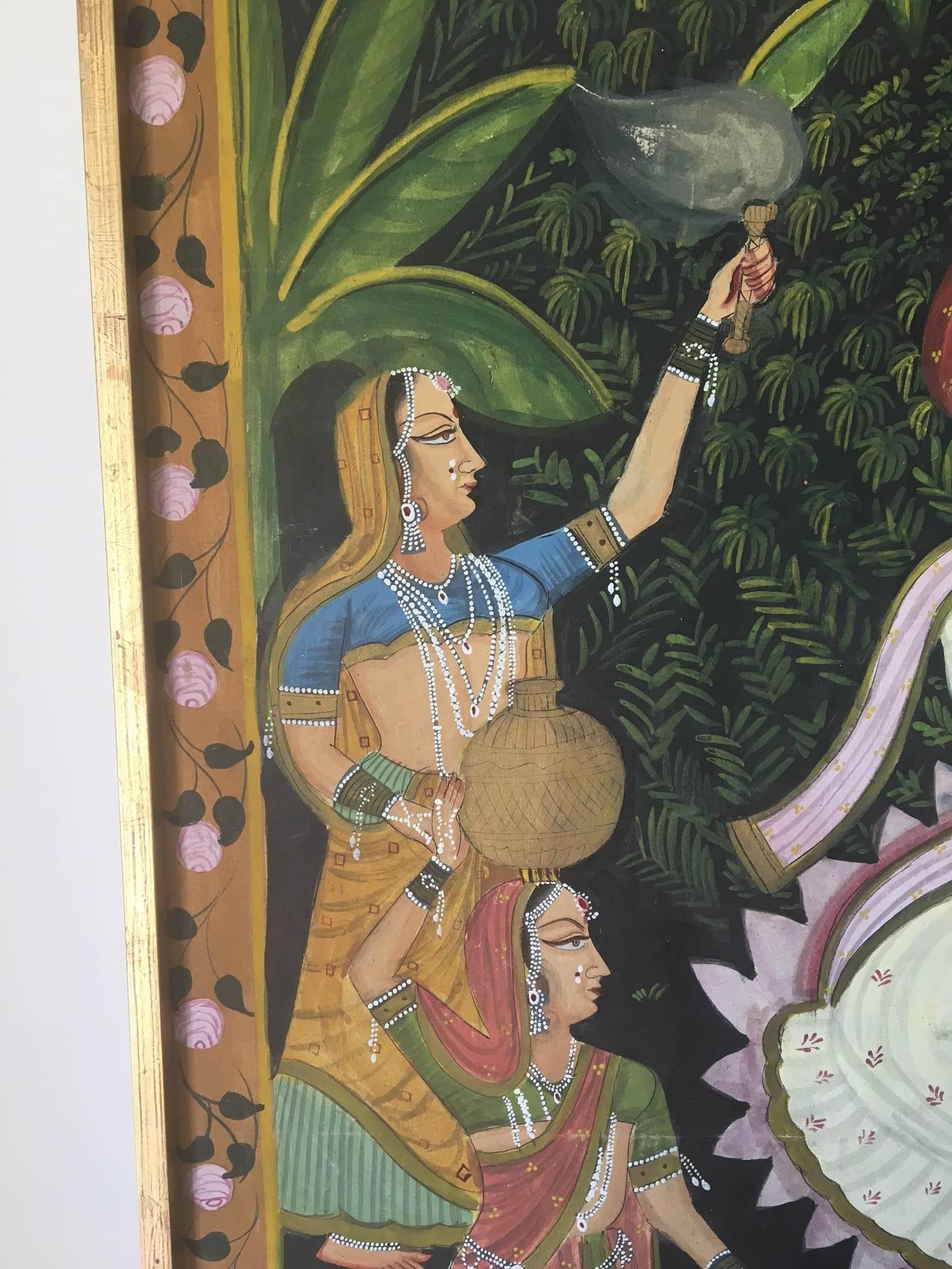 Large-scale and very decorative romantic Indian painting on canvas with a giltwood frame, circa1950.
Good overall condition , some loss to the gilding on the frame shown in
images 8 and 9.