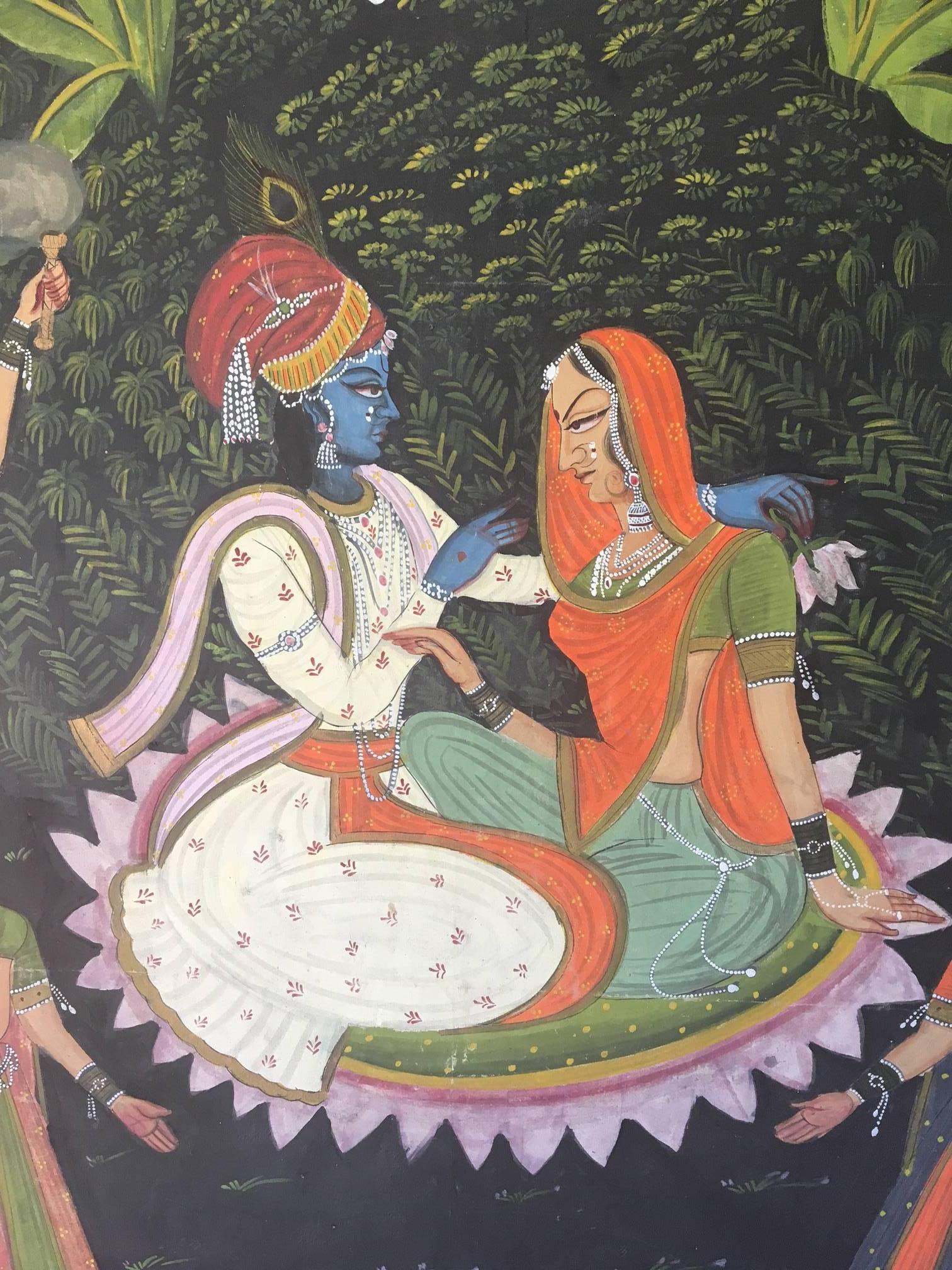 Mid-Century Modern Large Scale Romantic Indian Painting, circa 1950 For Sale