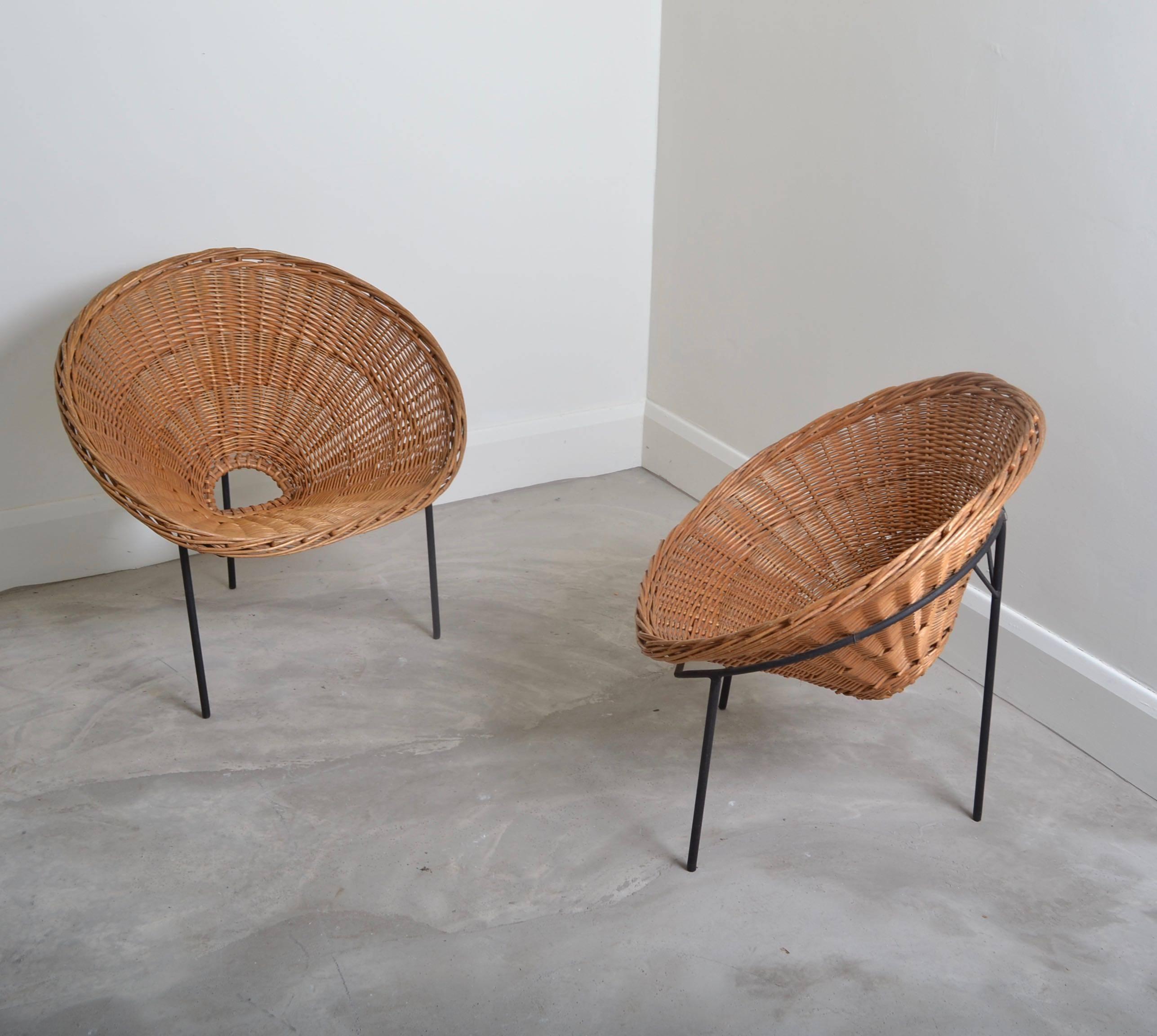 Mid-Century Modern Wicker and Black Painted Iron Chairs, France 1950