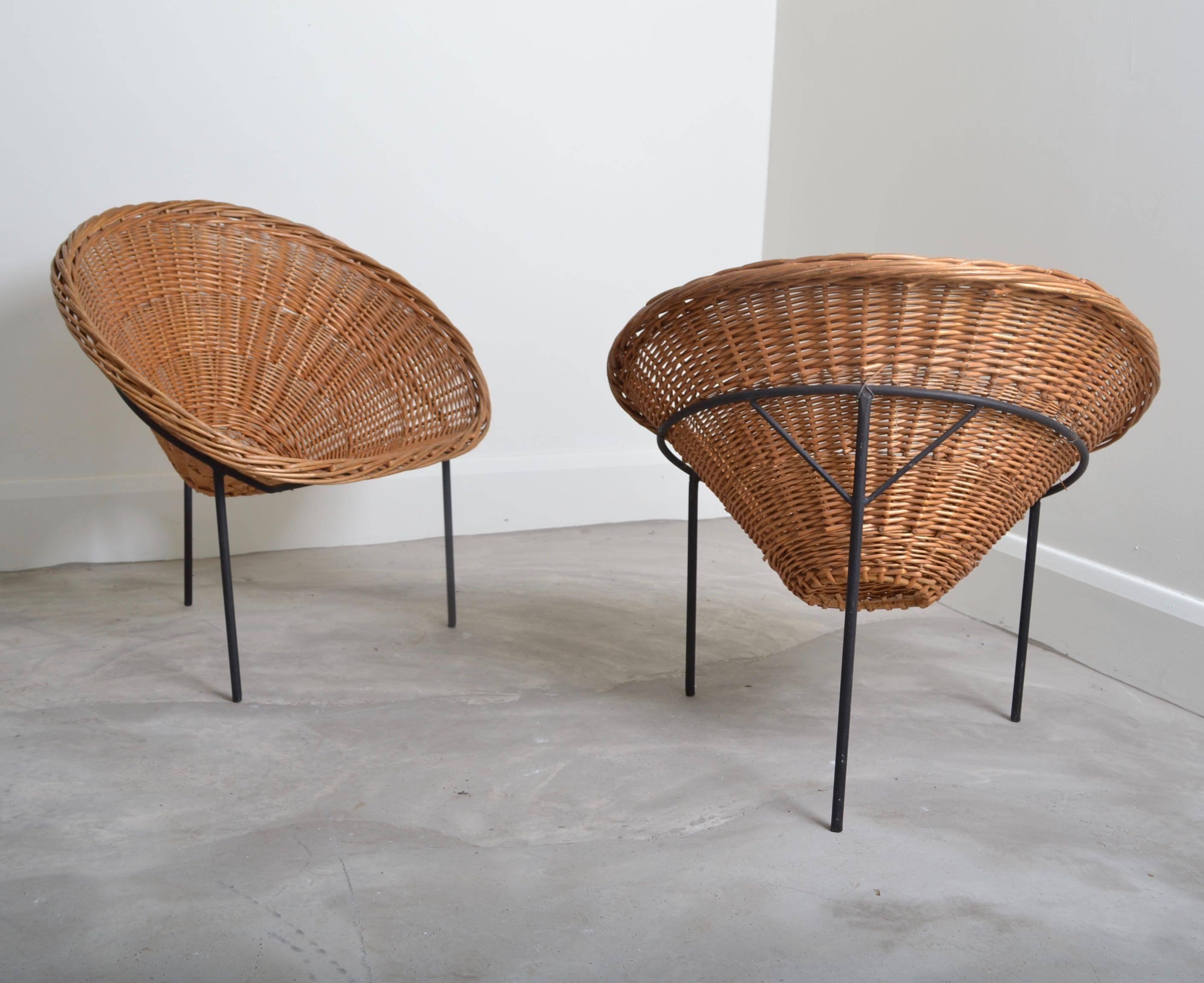 French Wicker and Black Painted Iron Chairs, France 1950