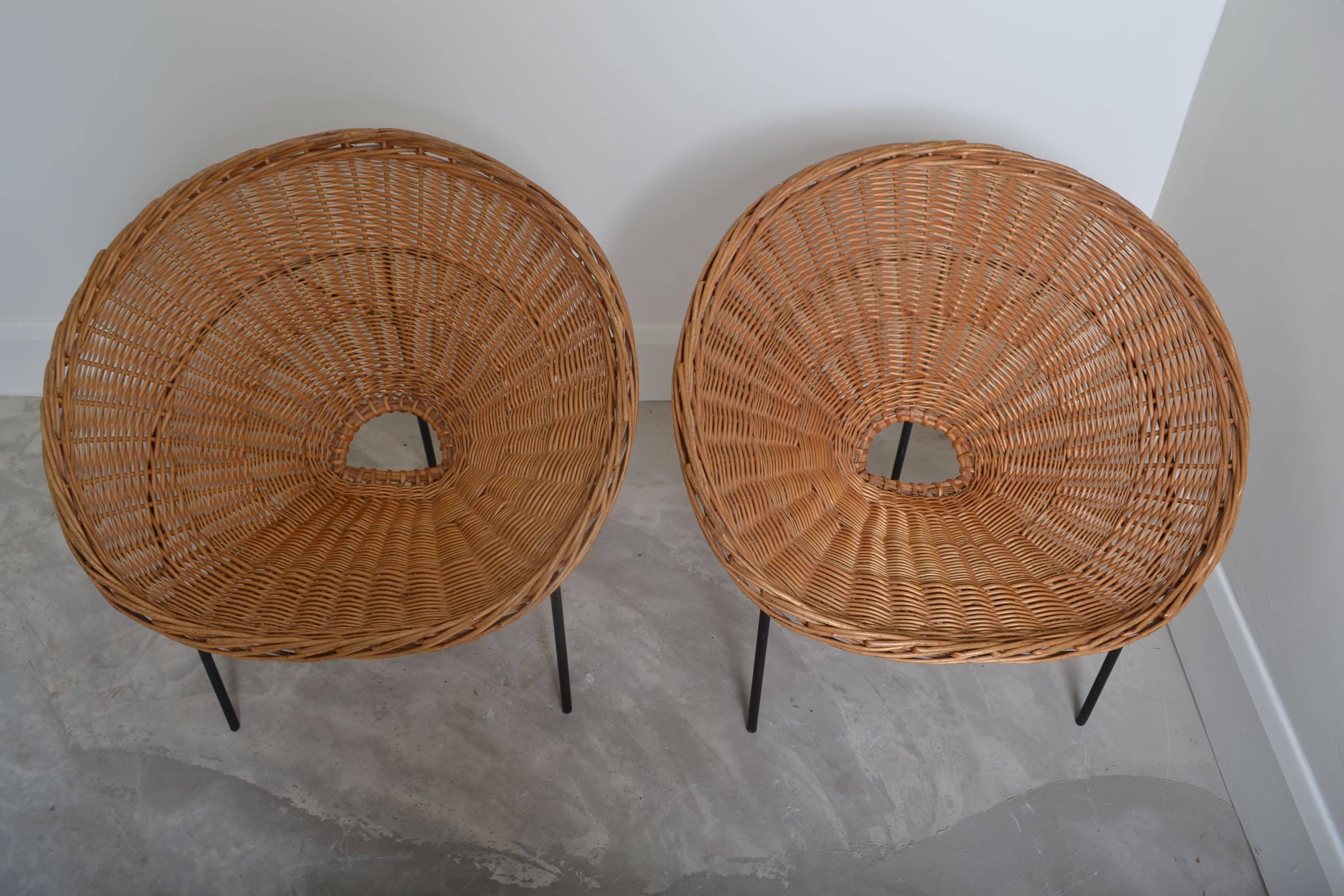Mid-20th Century Wicker and Black Painted Iron Chairs, France 1950