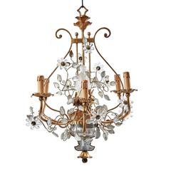 French Gilt Metal and Floral Glass Chinoiserie Chandelier, After Baguès