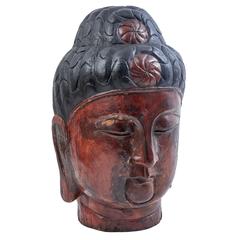 Large 19th Century Indian Painted Wooden Buddha's Head Sculpture