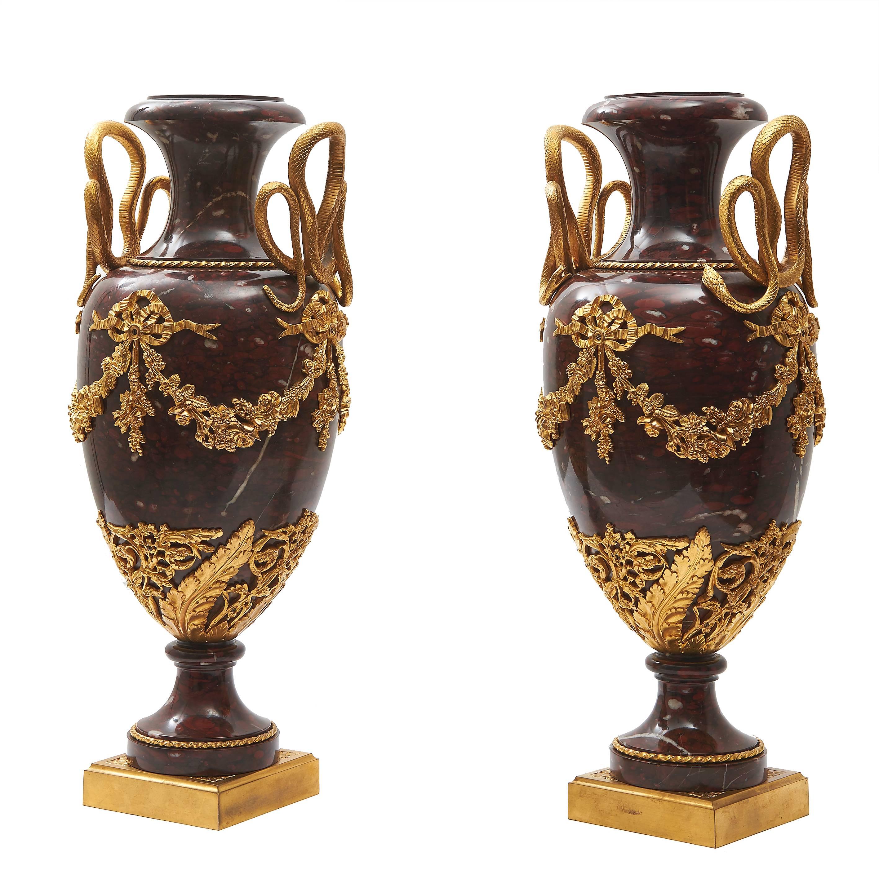 Pair Large Louis XVI Style Rouge Griotte Marble Urns, circa 1890