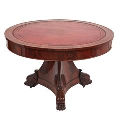 French Empire Mahogany Drum Table on Paw Feet, circa 1820