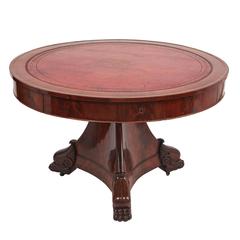 French Empire Mahogany Drum Table on Paw Feet, circa 1820