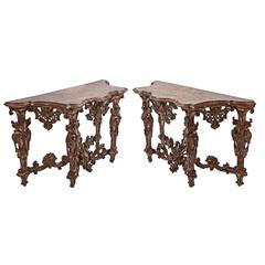 Pair of Italian Silvered Giltwood Faux Marble-Topped Early 18th Century Consoles Pair of Italian Silvered Giltwood Faux Marble-Topped Early 18th Century Consoles