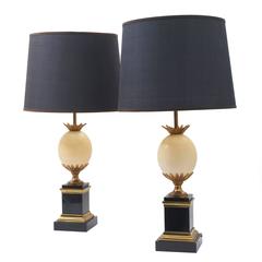 Pair of French Maison Charles Ostrich Egg and Brass Lamps, circa 1970