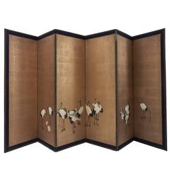 Japanese Six Panel Paper Screen on Gold Ground, Early 20th Century
