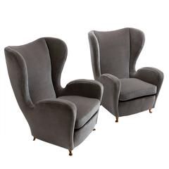 Vintage Pair of Italian Wingback Chairs in Velvet, circa 1950
