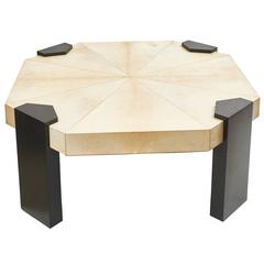 French Octagonal Parchment Top Coffee Table with Ebonized Legs, circa 1950