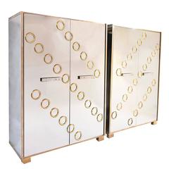 Pair of Italian 1980s Polished Steel Cabinets with Brass Detailing 1