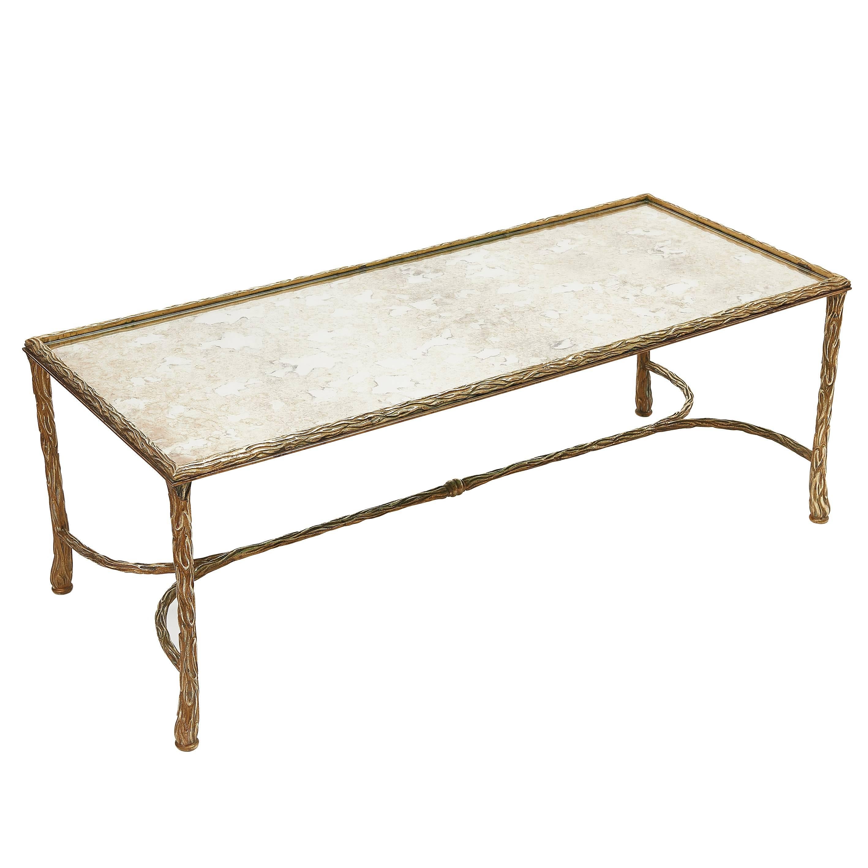 French Bagues Style Mirrored Top and Bronze Base Coffee Table, circa 1950