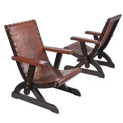 Pair of French Leather Slung Lounge Chairs, circa 1950
