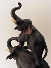 Japanese Bronze Elephant and Calf Balancing on Circus Ball, circa 1900