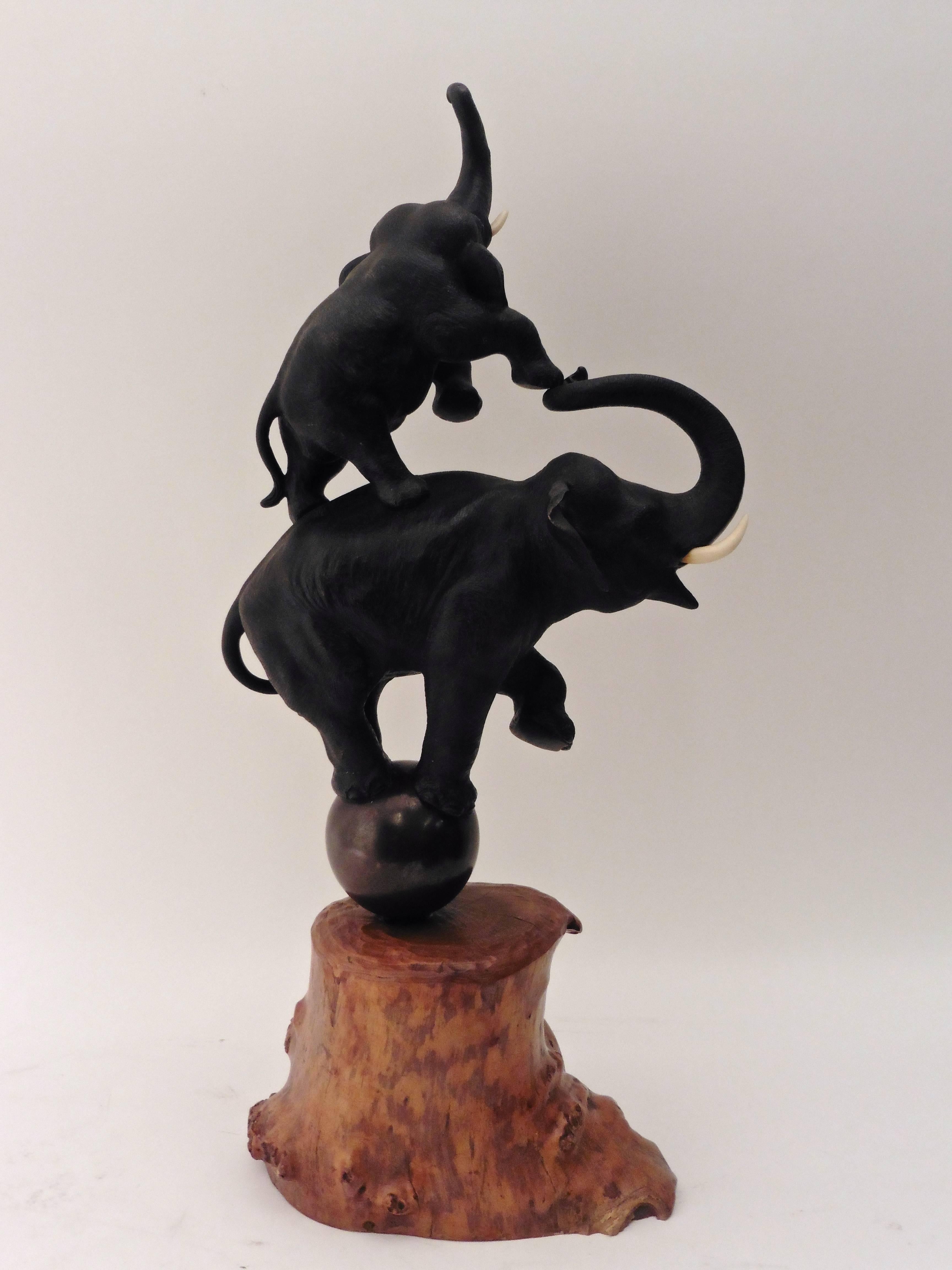 Japanese Bronze Elephant and Calf Balancing on Circus Ball, circa 1900 In Good Condition In London, GB