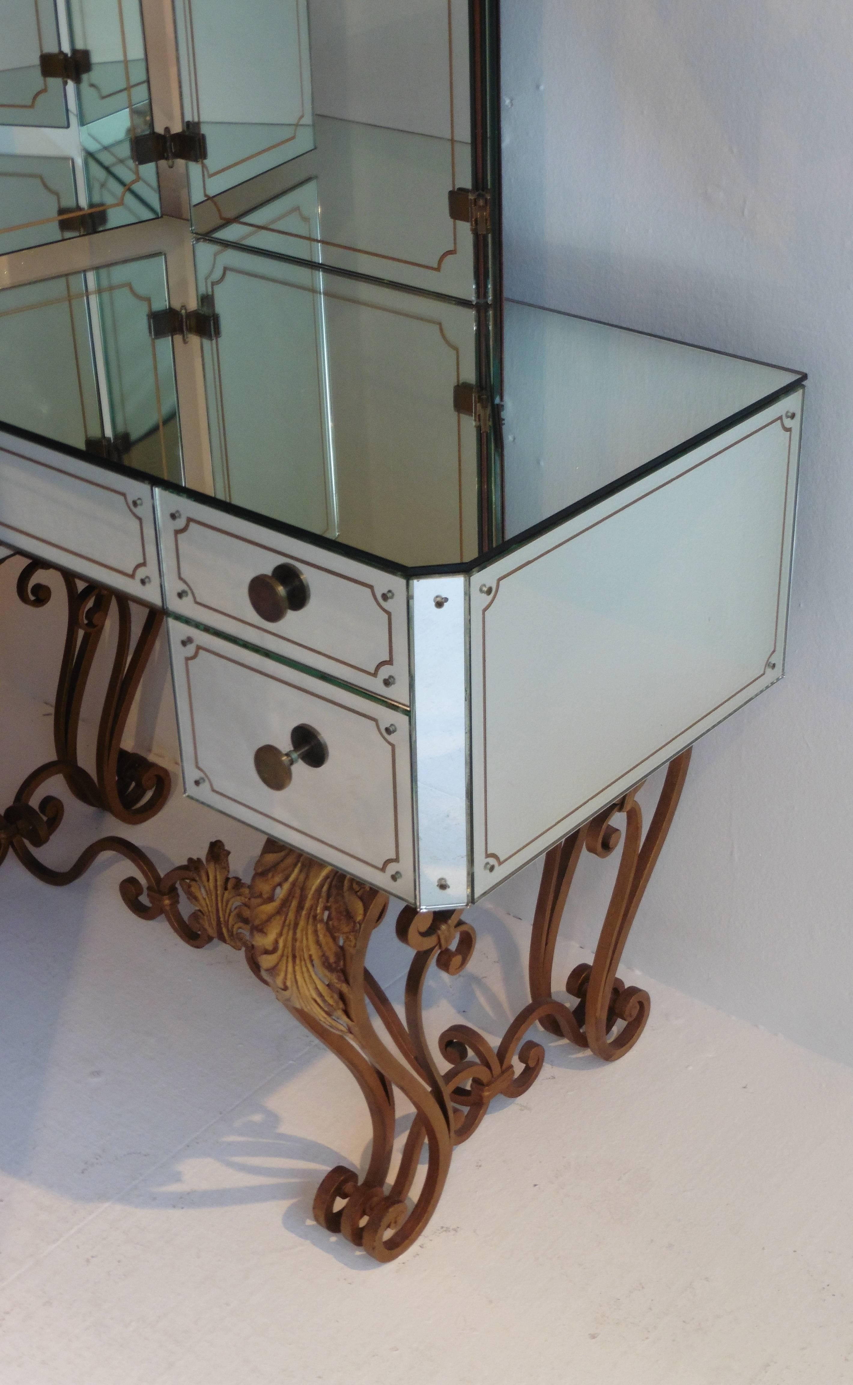 Mid-20th Century French Mirrored Dressing Table with Gilt Iron Cabriole Base, Circa1950