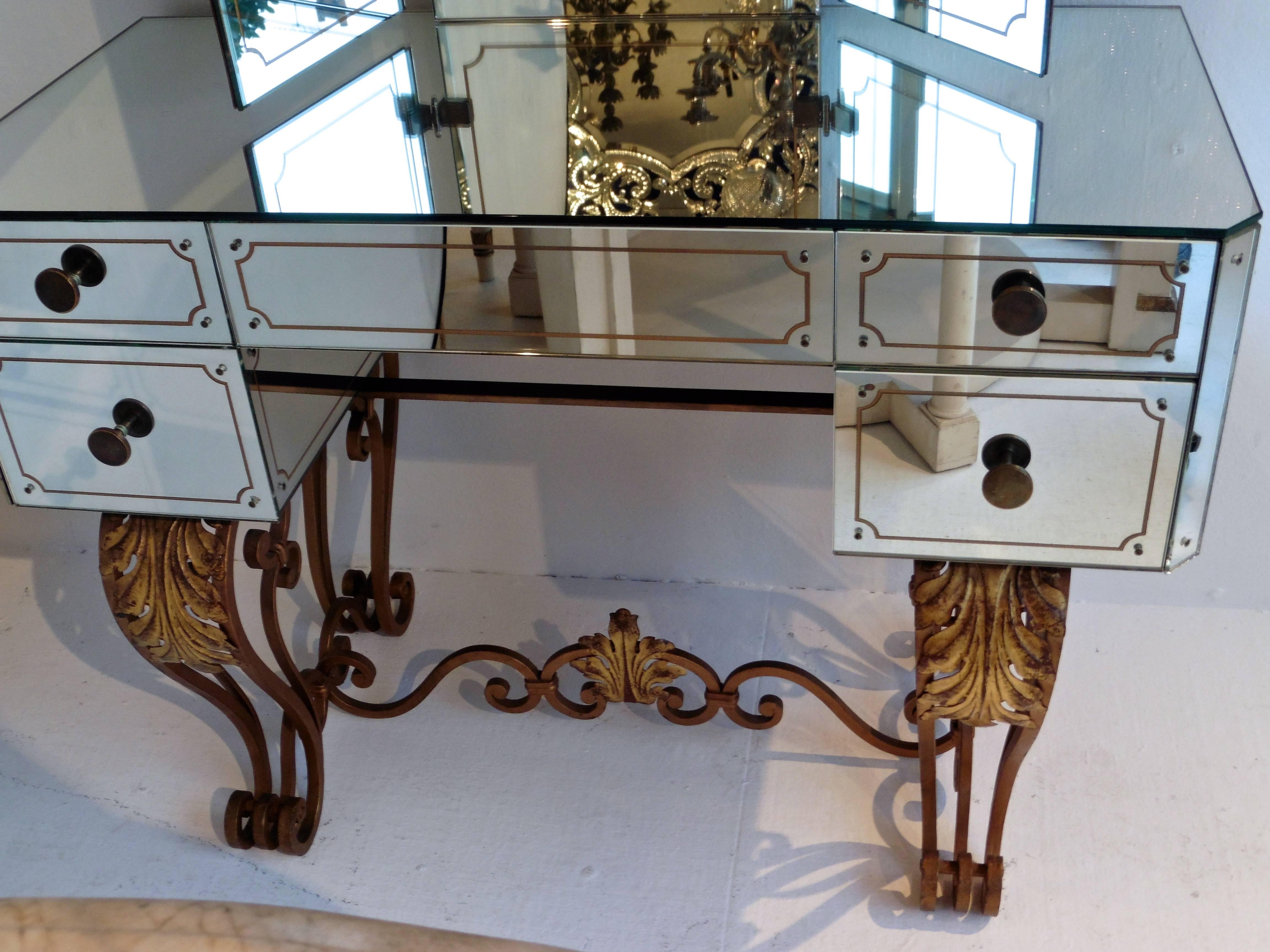 French Mirrored Dressing Table with Gilt Iron Cabriole Base, Circa1950 In Good Condition In London, GB