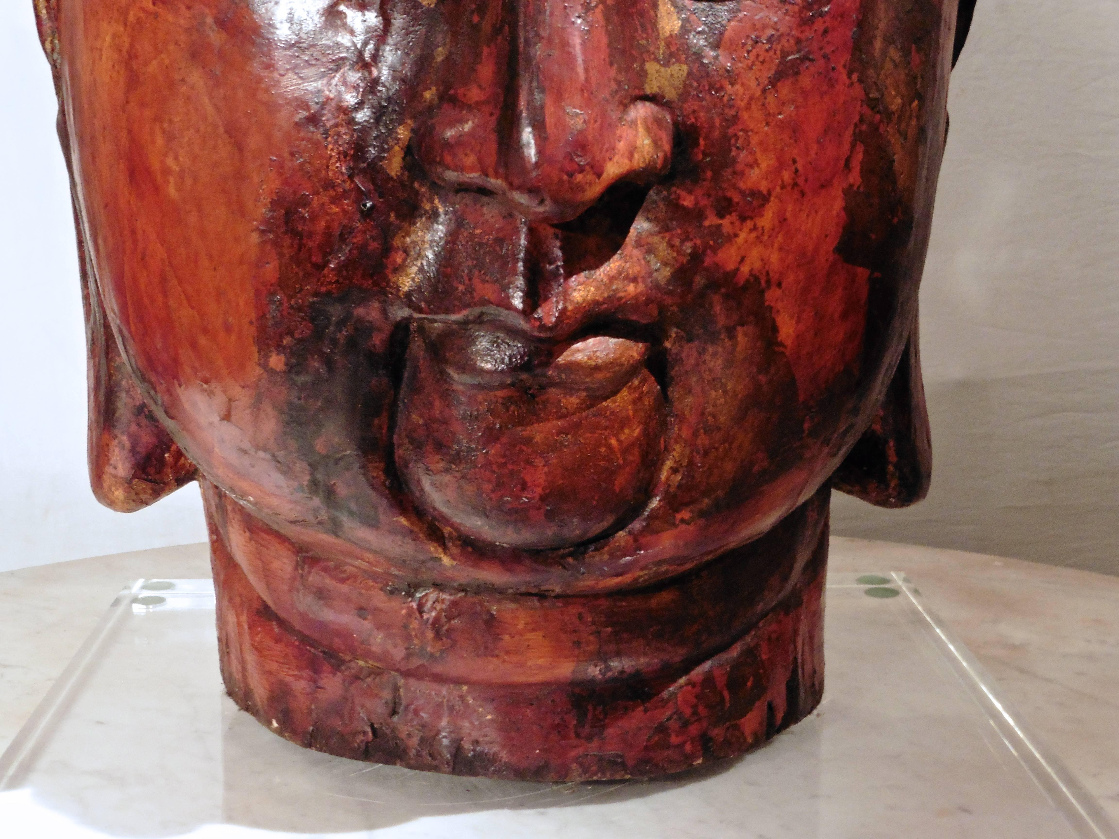 Large 19th Century Indian Painted Wooden Buddha's Head Sculpture 1