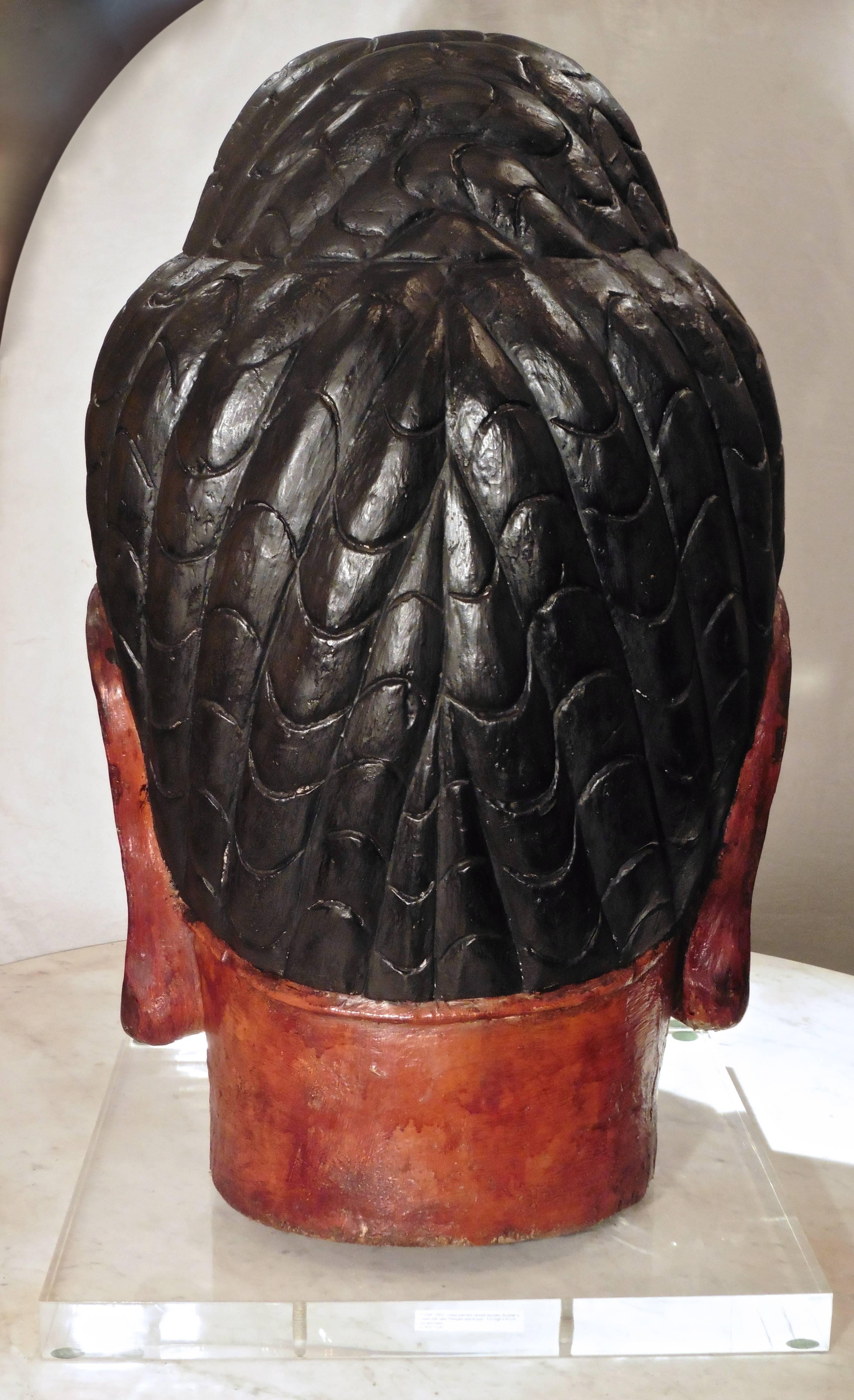 Large 19th Century Indian Painted Wooden Buddha's Head Sculpture 4