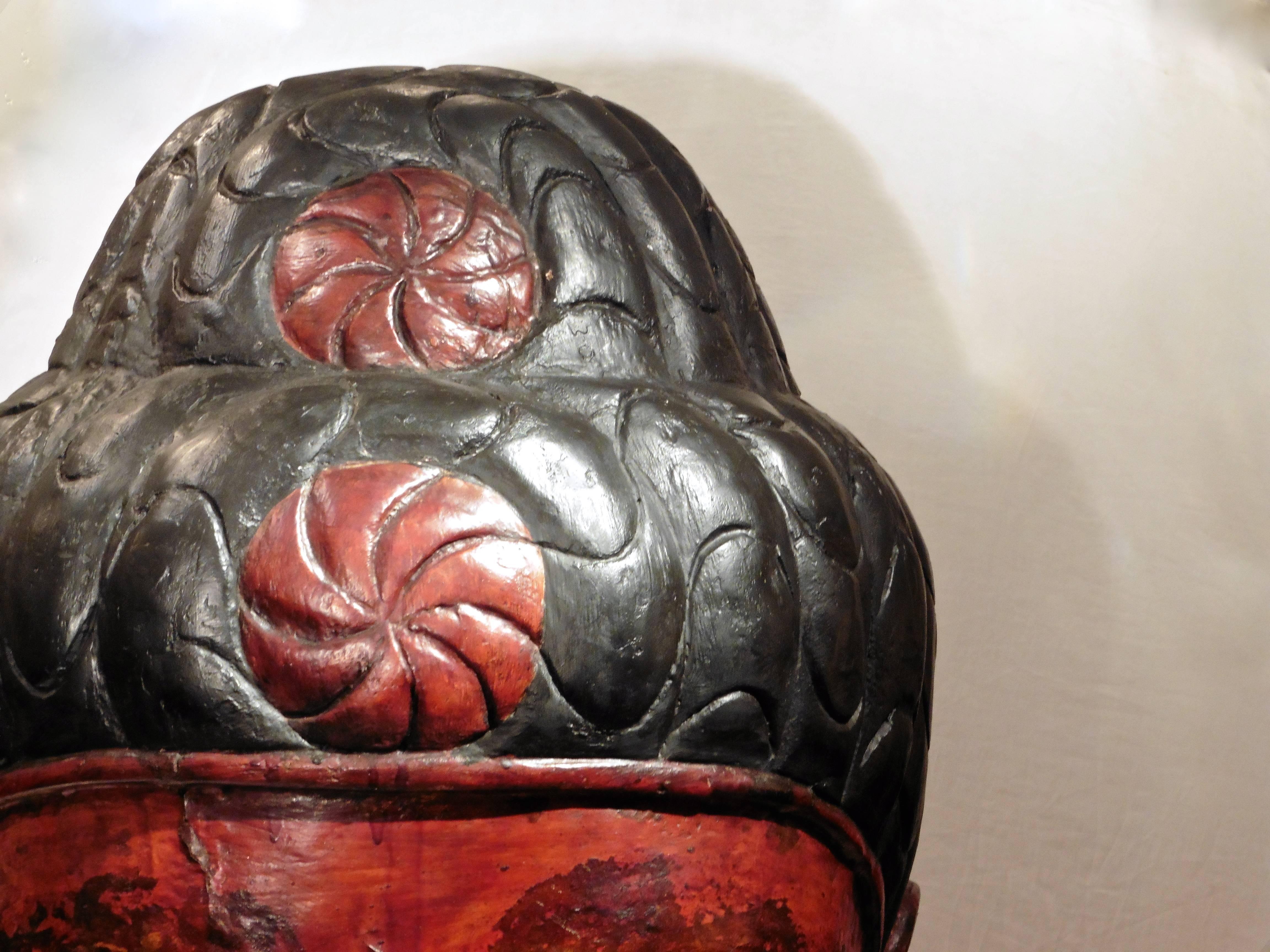 Large 19th Century Indian Painted Wooden Buddha's Head Sculpture 5
