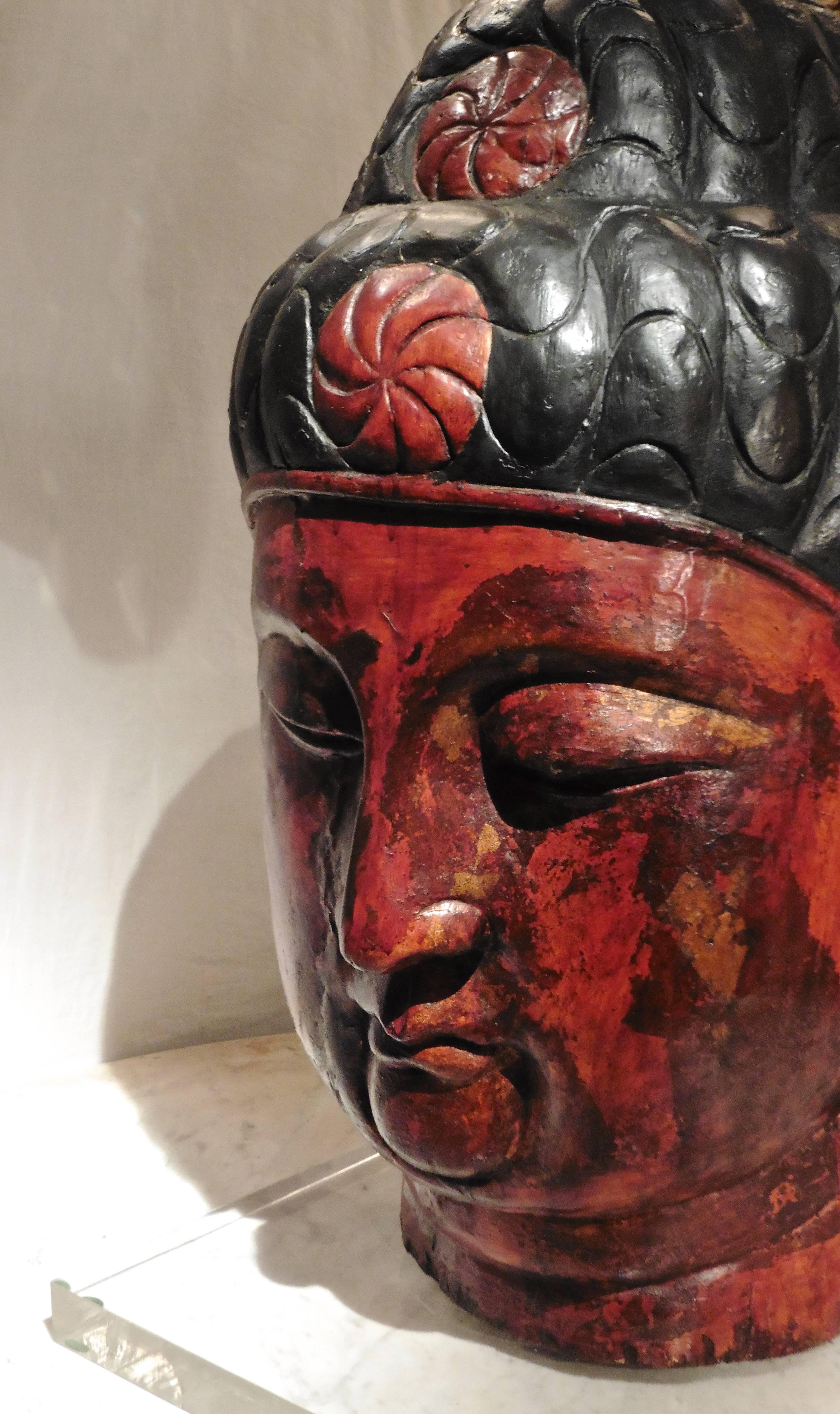 Large 19th Century Indian Painted Wooden Buddha's Head Sculpture 6