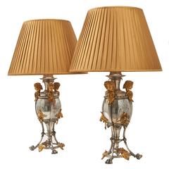 Pair of French Silvered and Gilt Bronze Urn Shaped Lamps, circa 1890