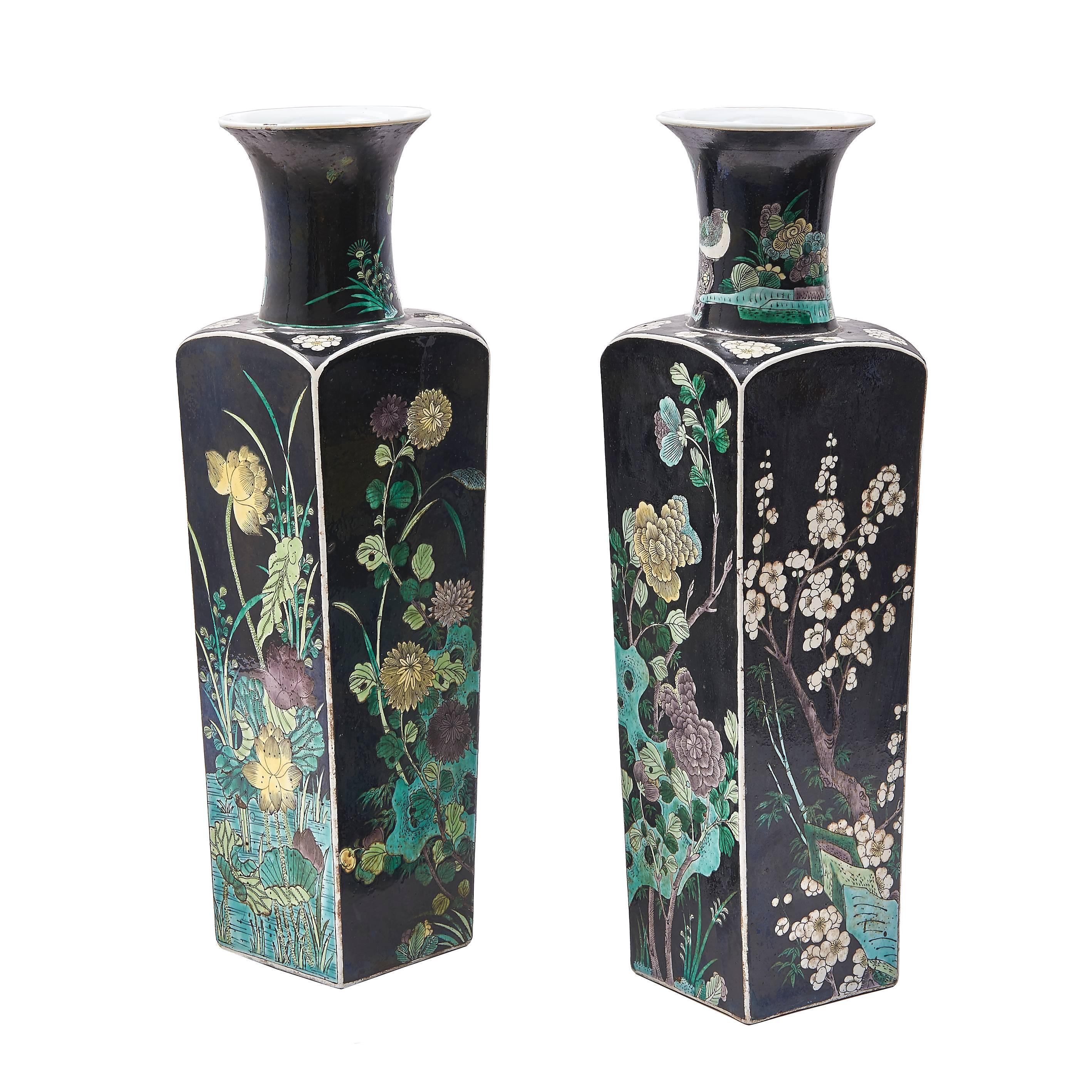 Pair of Chinese Famille Noir Porcelain Square Vases, circa 1860