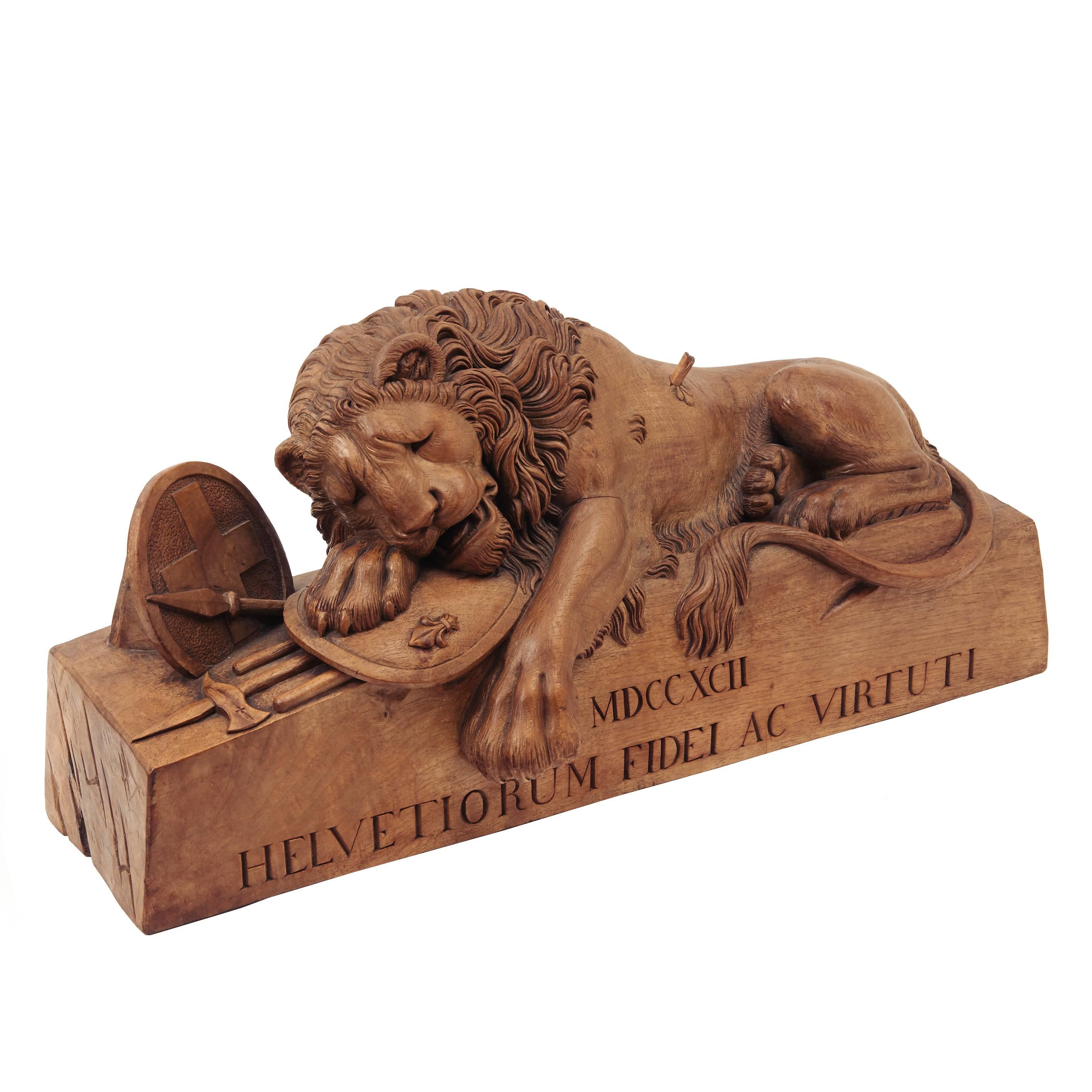 Large Continental Carved 'The Lion of Lucerne' Fruitwood Model, circa 1880