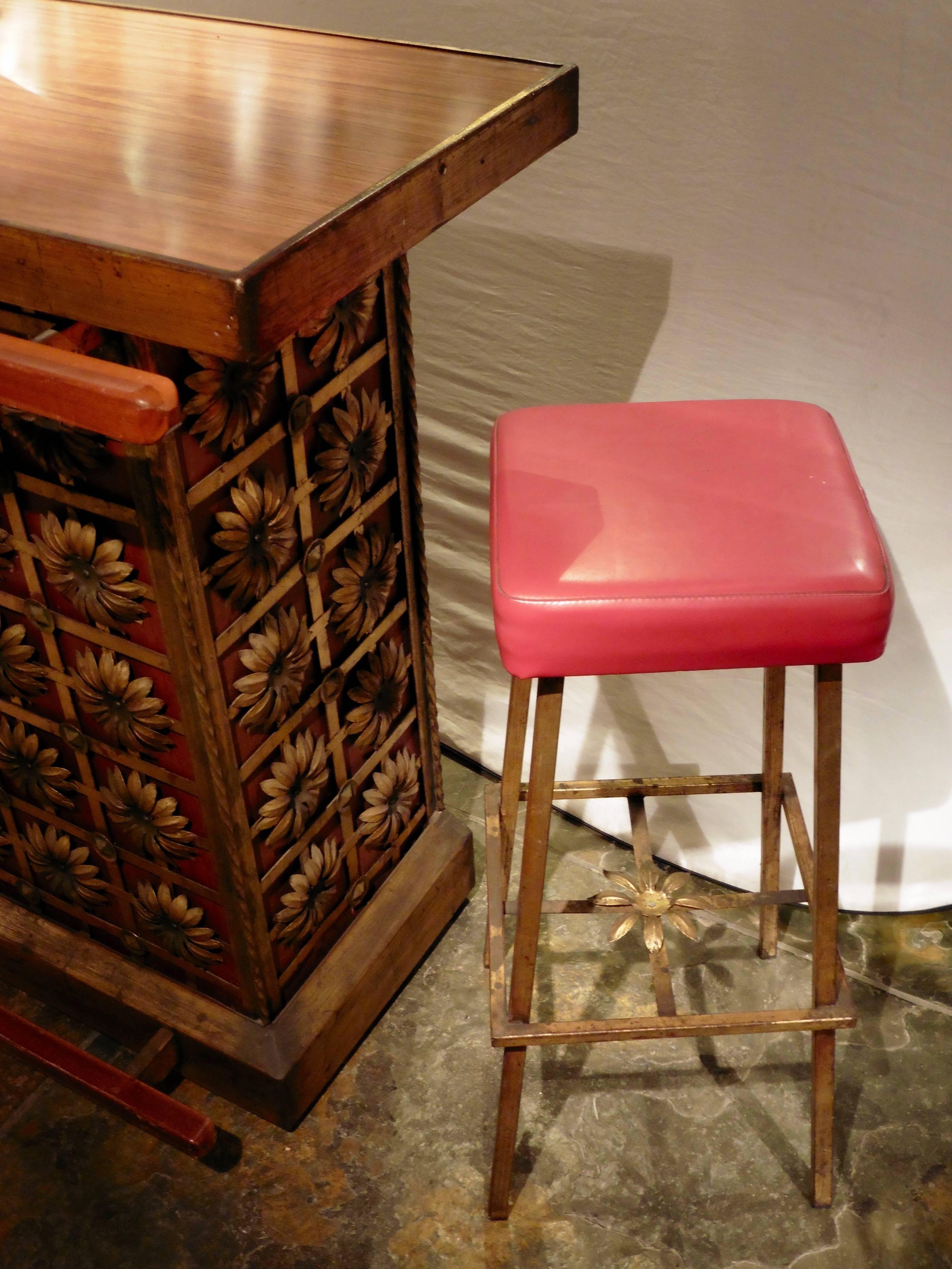 French 1970s Gilt Iron and Teak Bar with Matching Stools 2