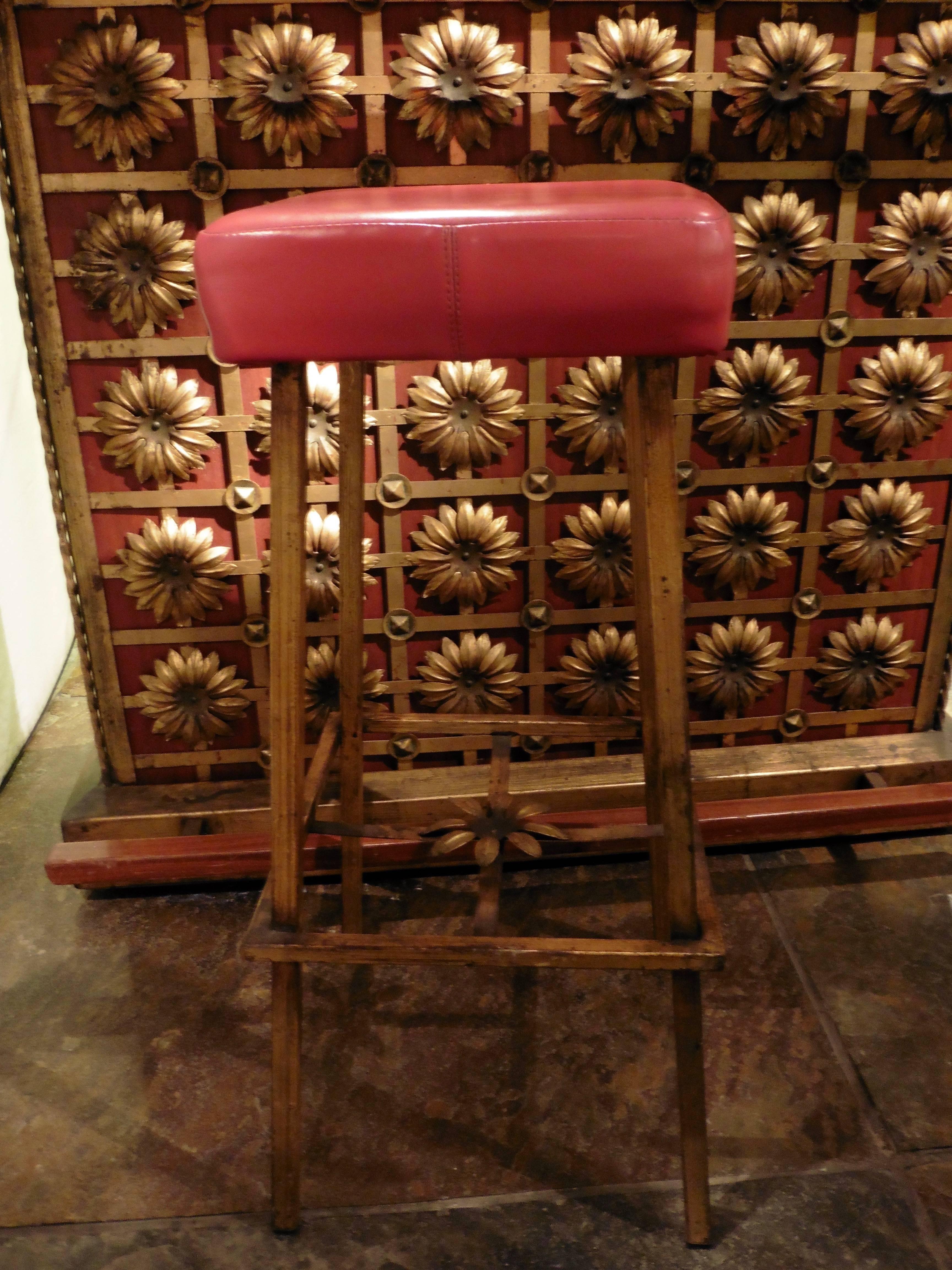 French 1970s Gilt Iron and Teak Bar with Matching Stools 4