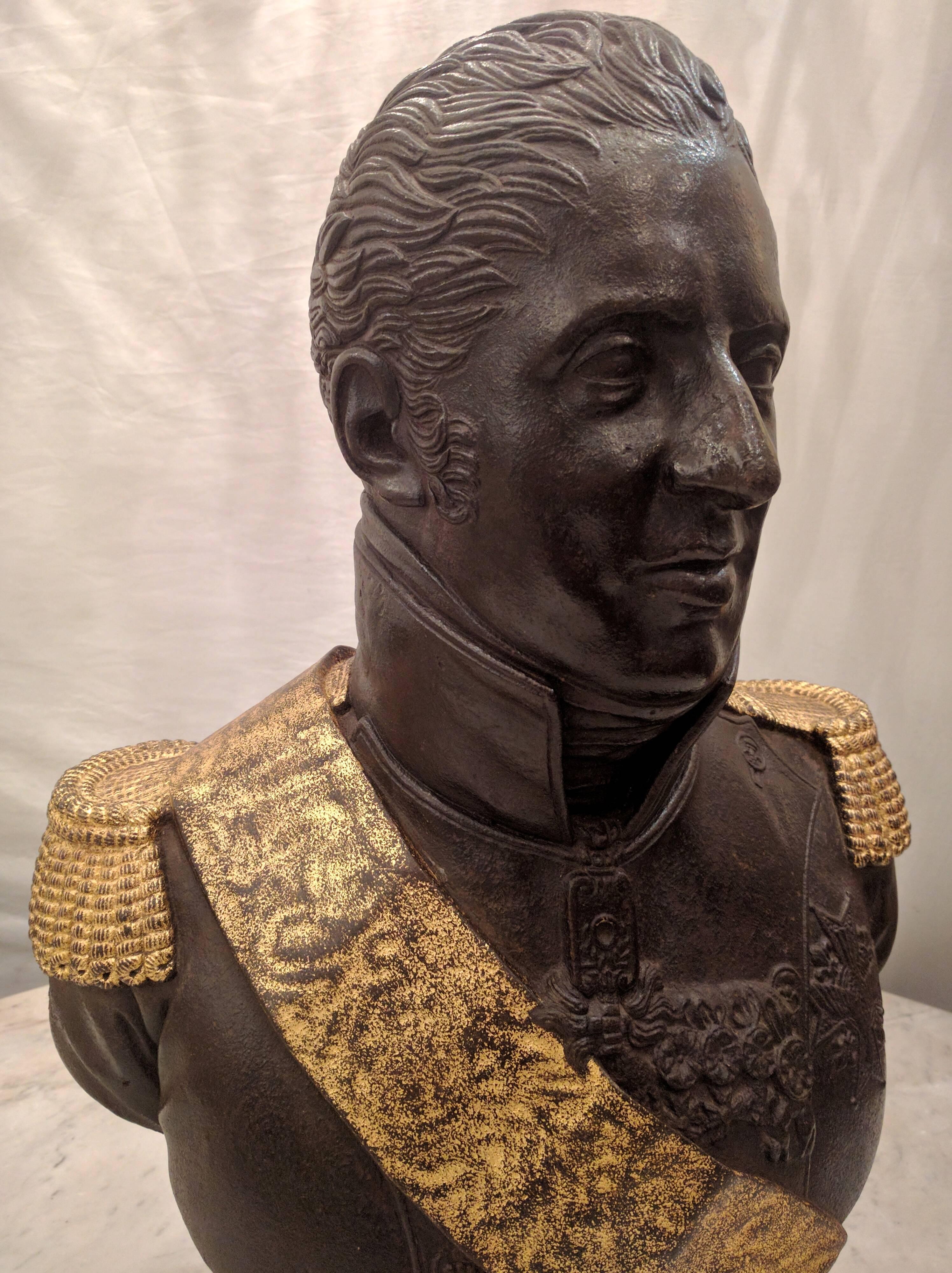 A rare and unusual cast iron and gilt bust of the French King Charles X. This Beautifully cast and chased bust with gilt detailing on his sash and epaulettes. On a cast iron plinth, France, 19th century. 

 