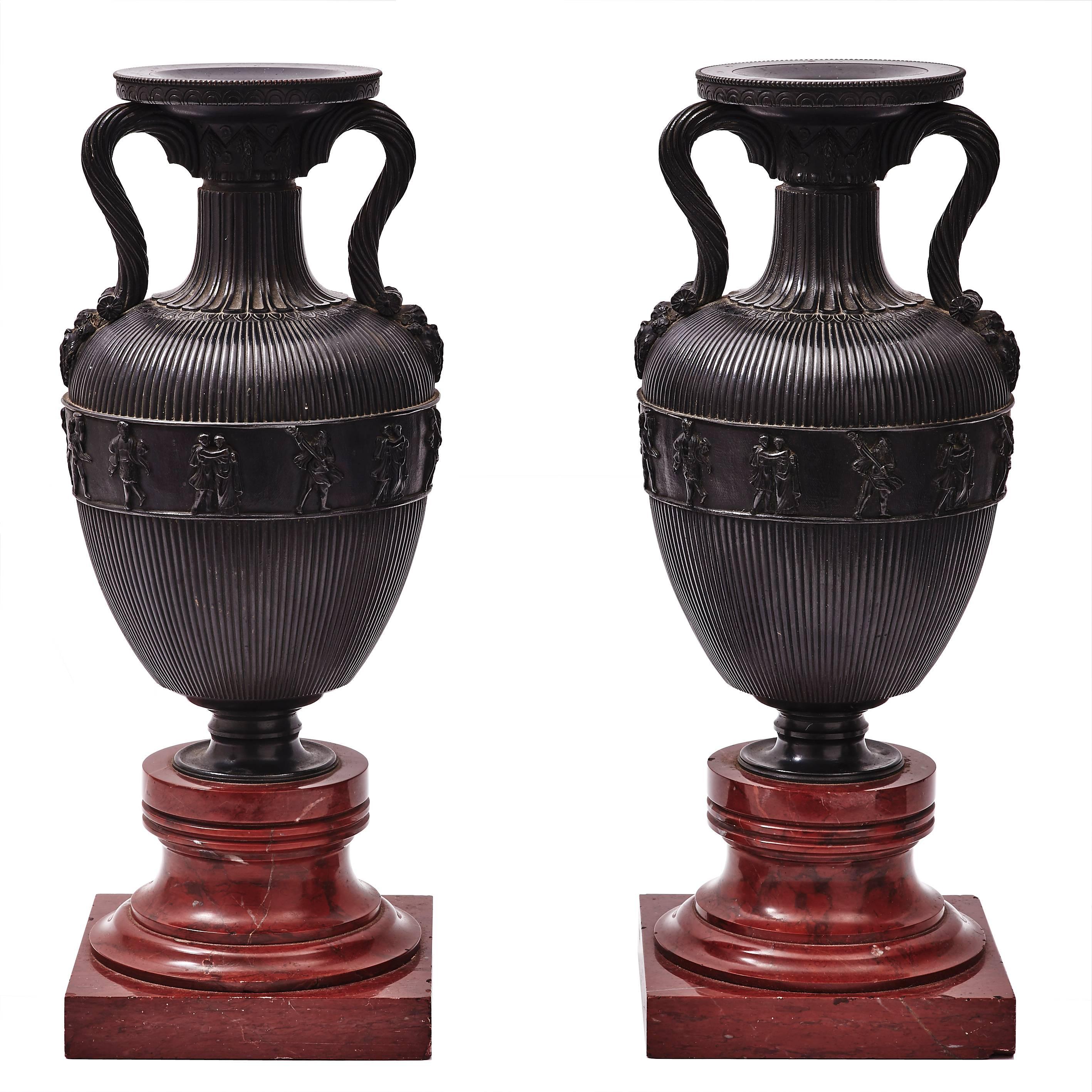 Pair of French Bronze Amphora Shaped Urns, circa 1900 For Sale