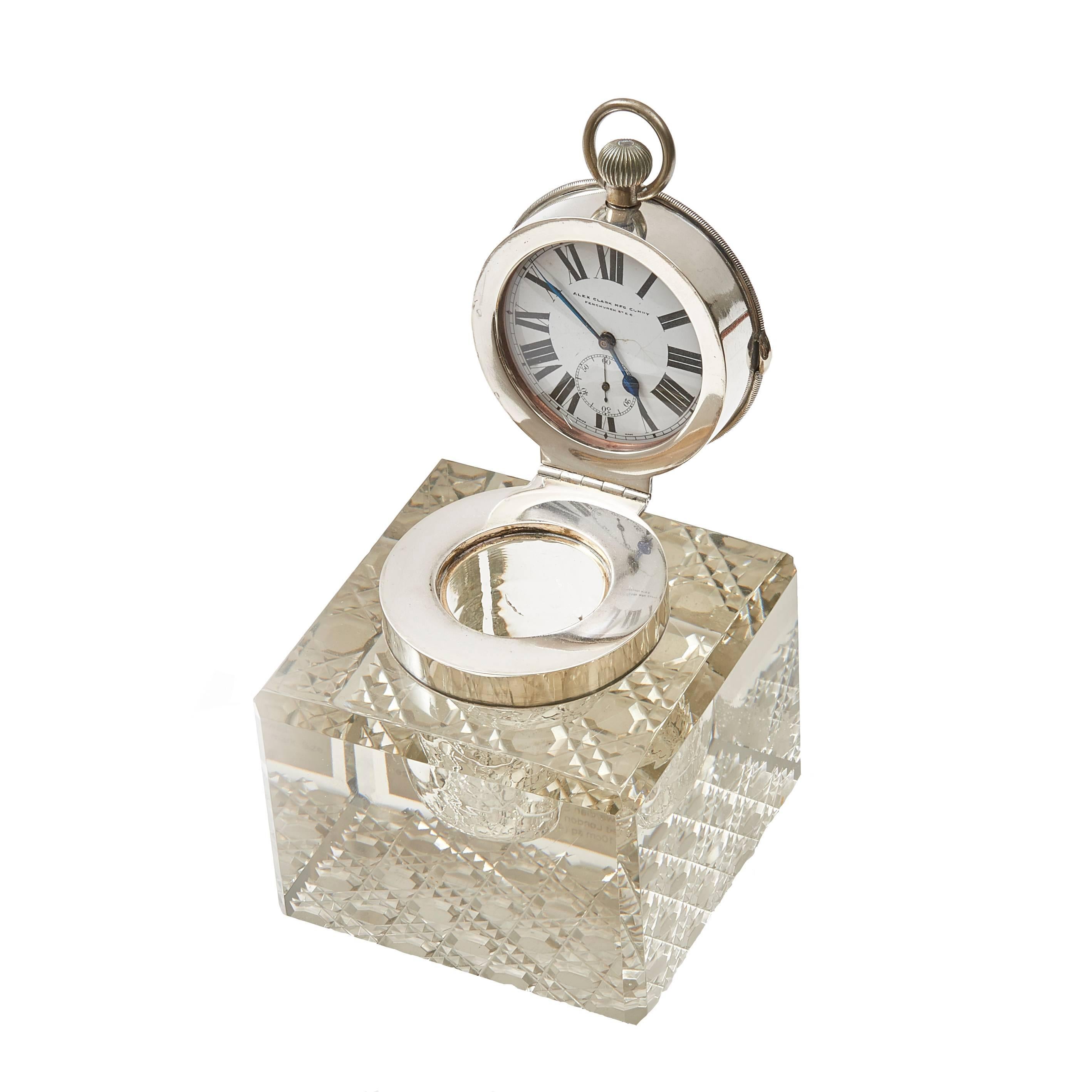 Edwardian Silver Mounted Clock Inkwell, London, circa 1903 For Sale
