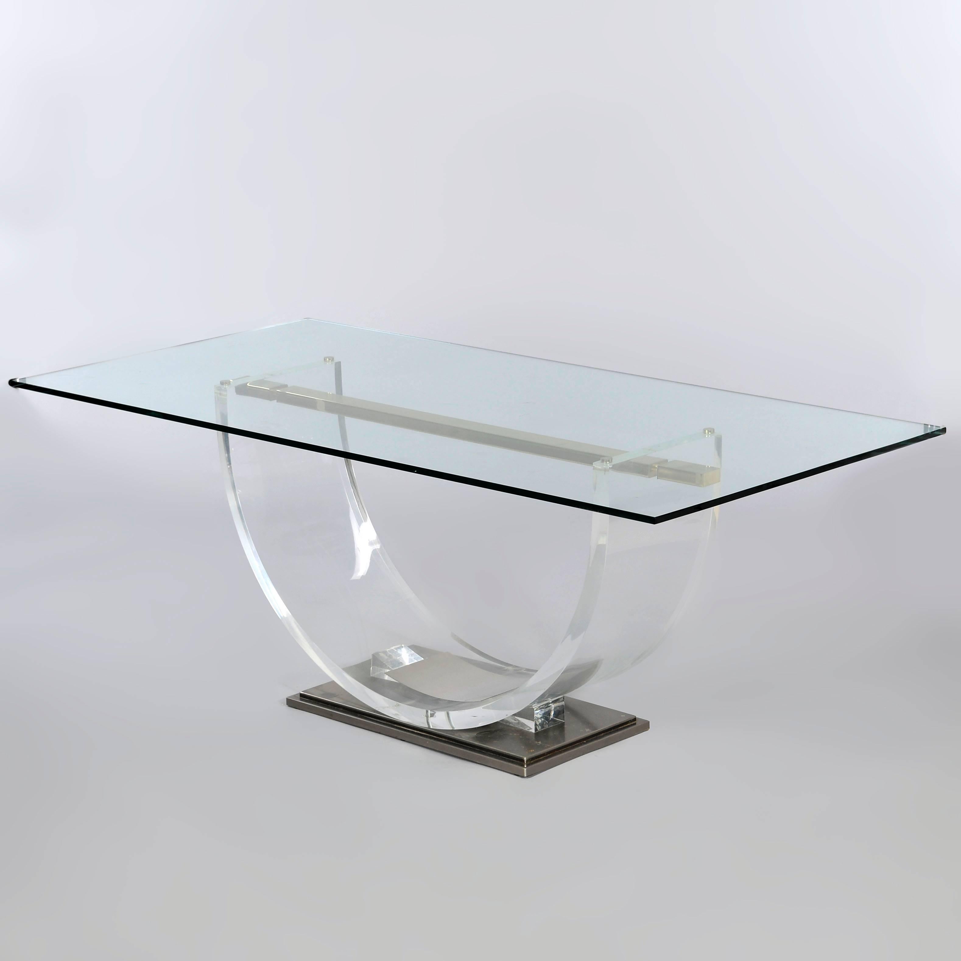 Set of six Lucite, glass and steel Maison Jansen chairs and dining table. In Good Condition In London, GB