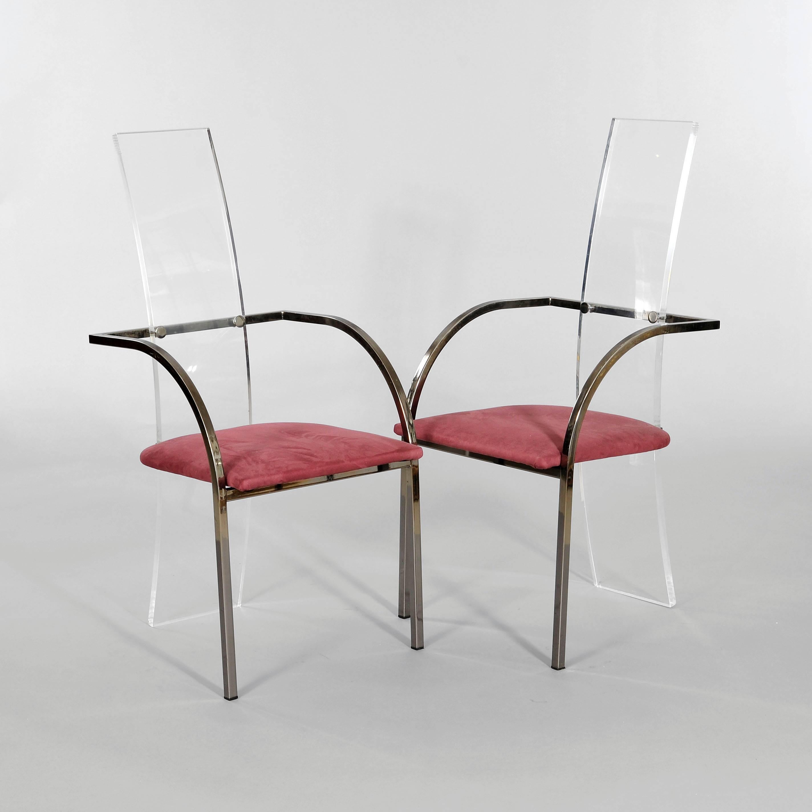 French Set of six Lucite, glass and steel Maison Jansen chairs and dining table.