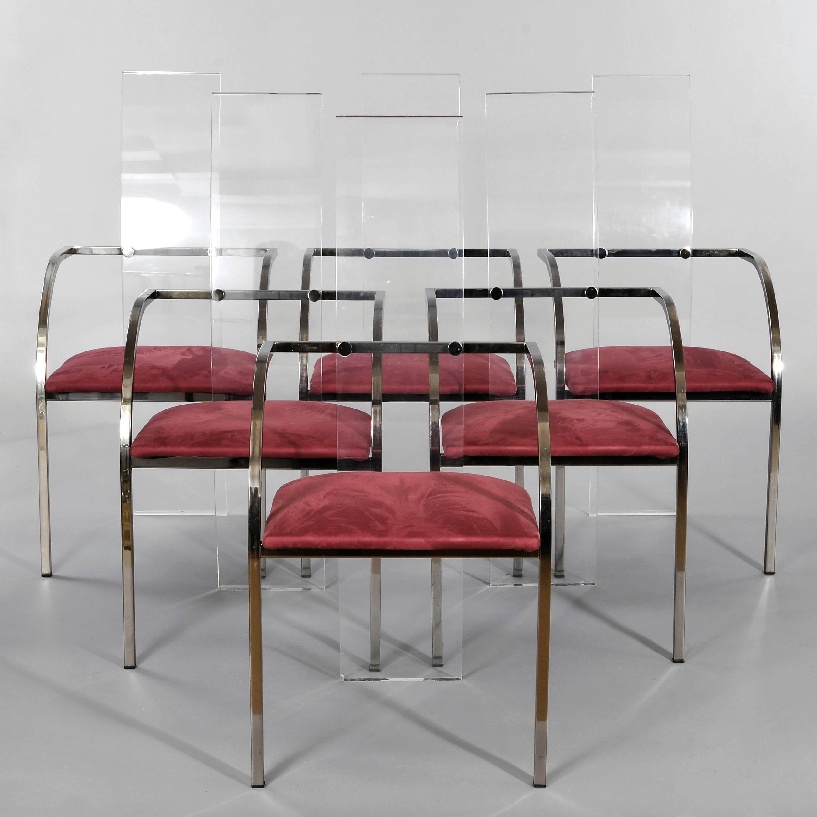 Late 20th Century Set of six Lucite, glass and steel Maison Jansen chairs and dining table.