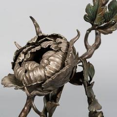 Bronze Okimono from the Meiji Period, Flowering Peony Branch, Japan 19th Century