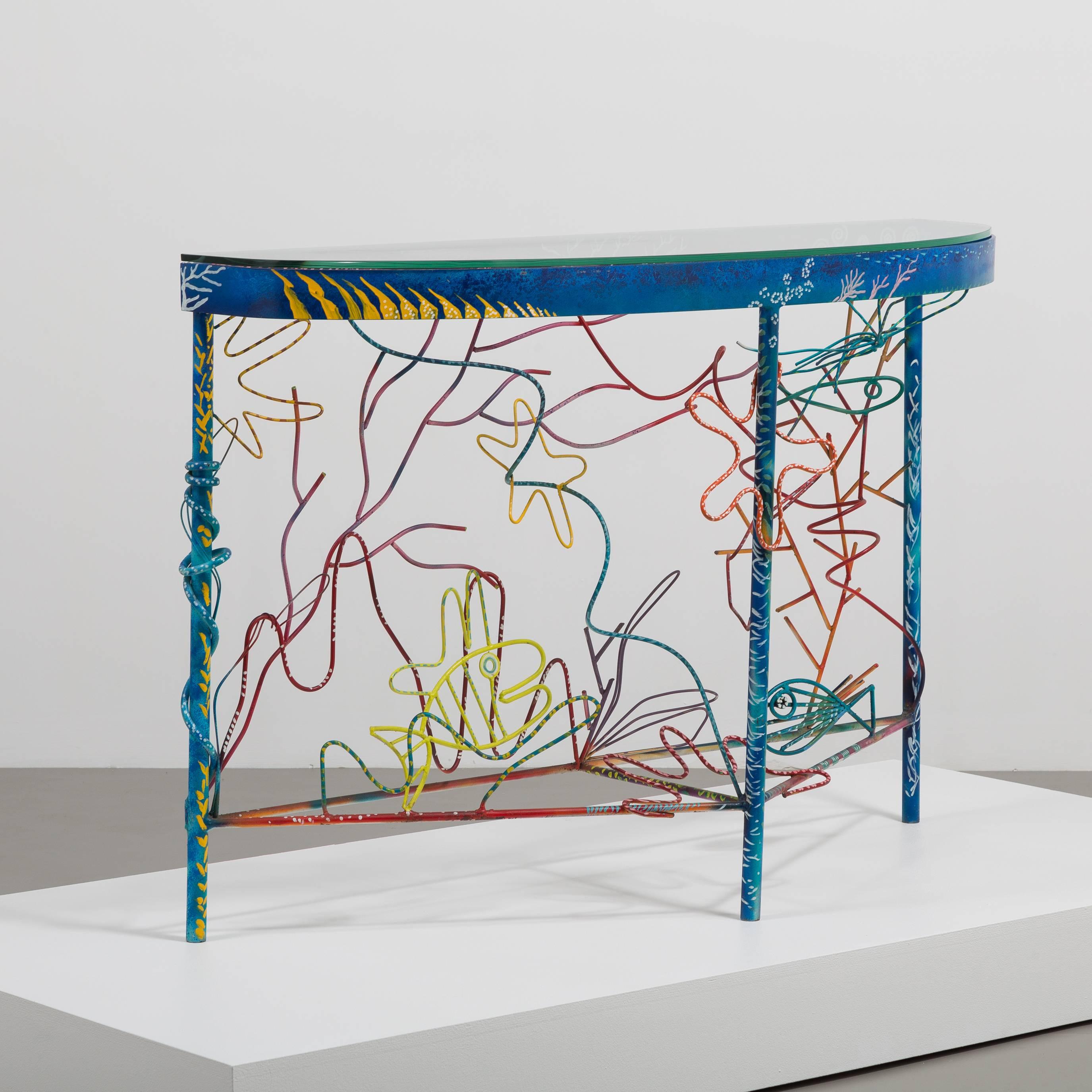 A sculptural painted metal demilune console table with glass top signed and dated 1992 1 of edition of 2 artist unknown.

Prices include 20% VAT which is removed for items shipped outside the EU.