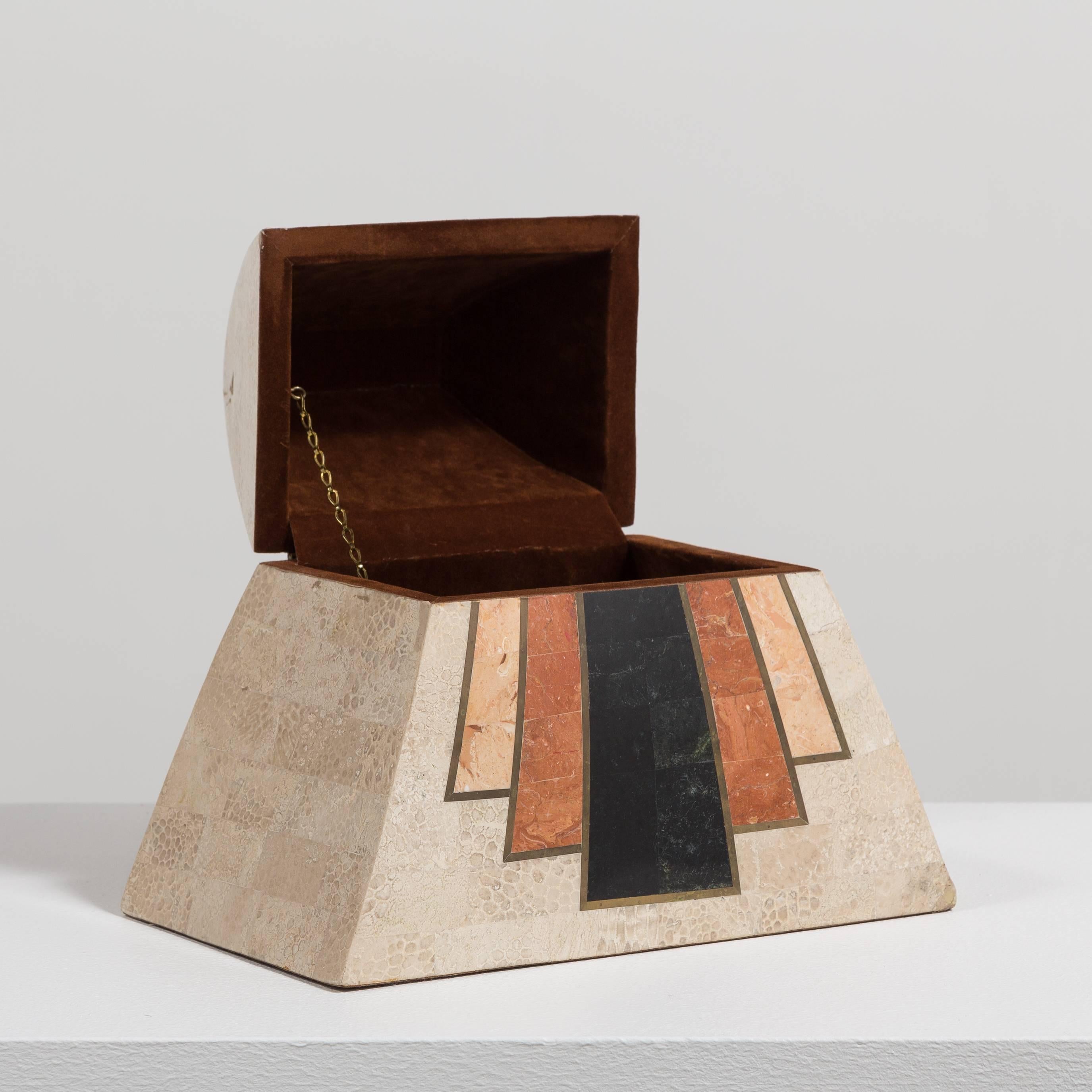 A Maitland Smith tessellated stone veneered box, 1980s.
label underneath MADE IN THE PHILIPPINES 

 