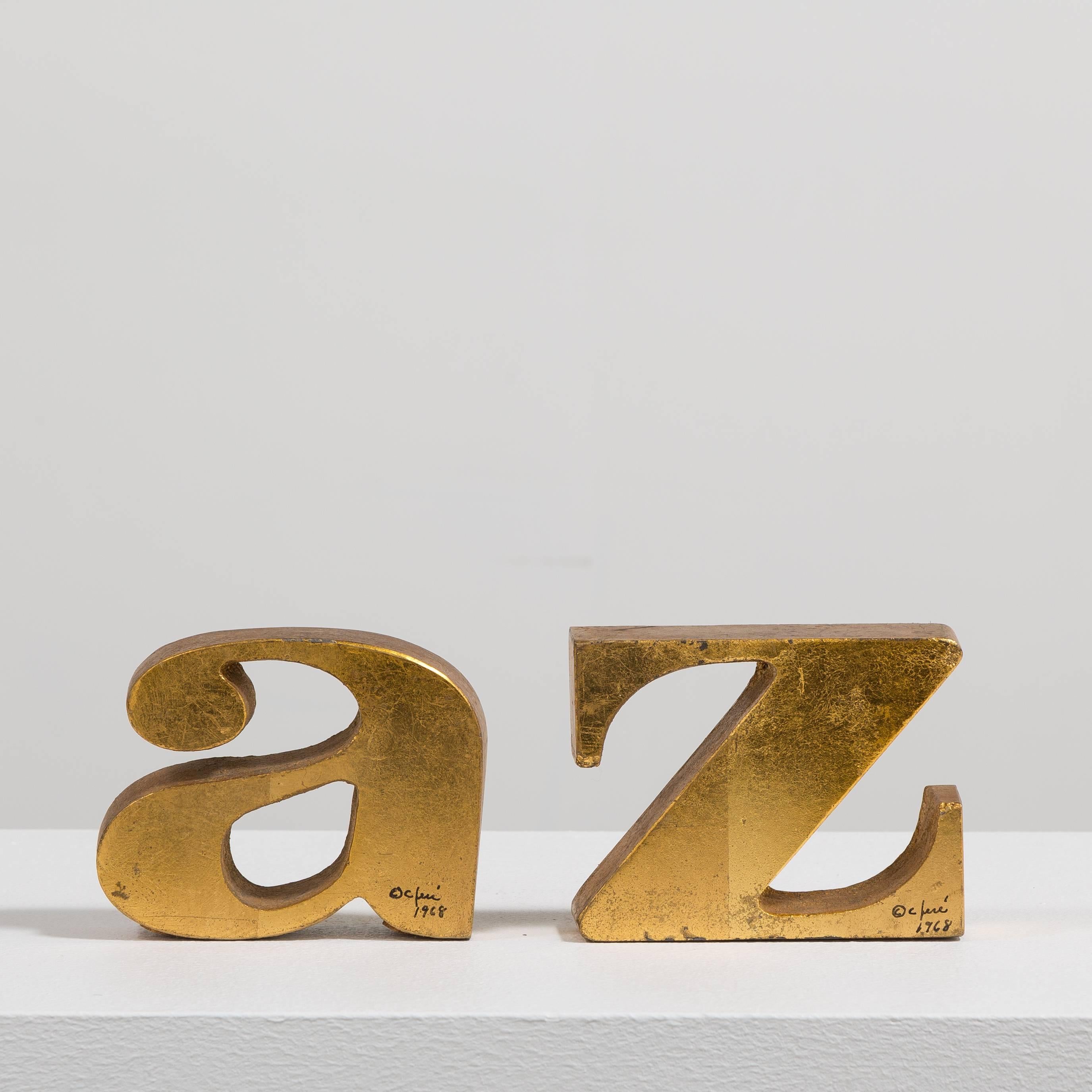 A rare pair of A-Z gilded bookends by Curtis Jere signed and dated 1968 

Curtis Jeré is the collaboration of two metal sculptors Jerry Fels and Curtis Freiler who founded the company Artisan House in the USA in 1963. These two brother in laws