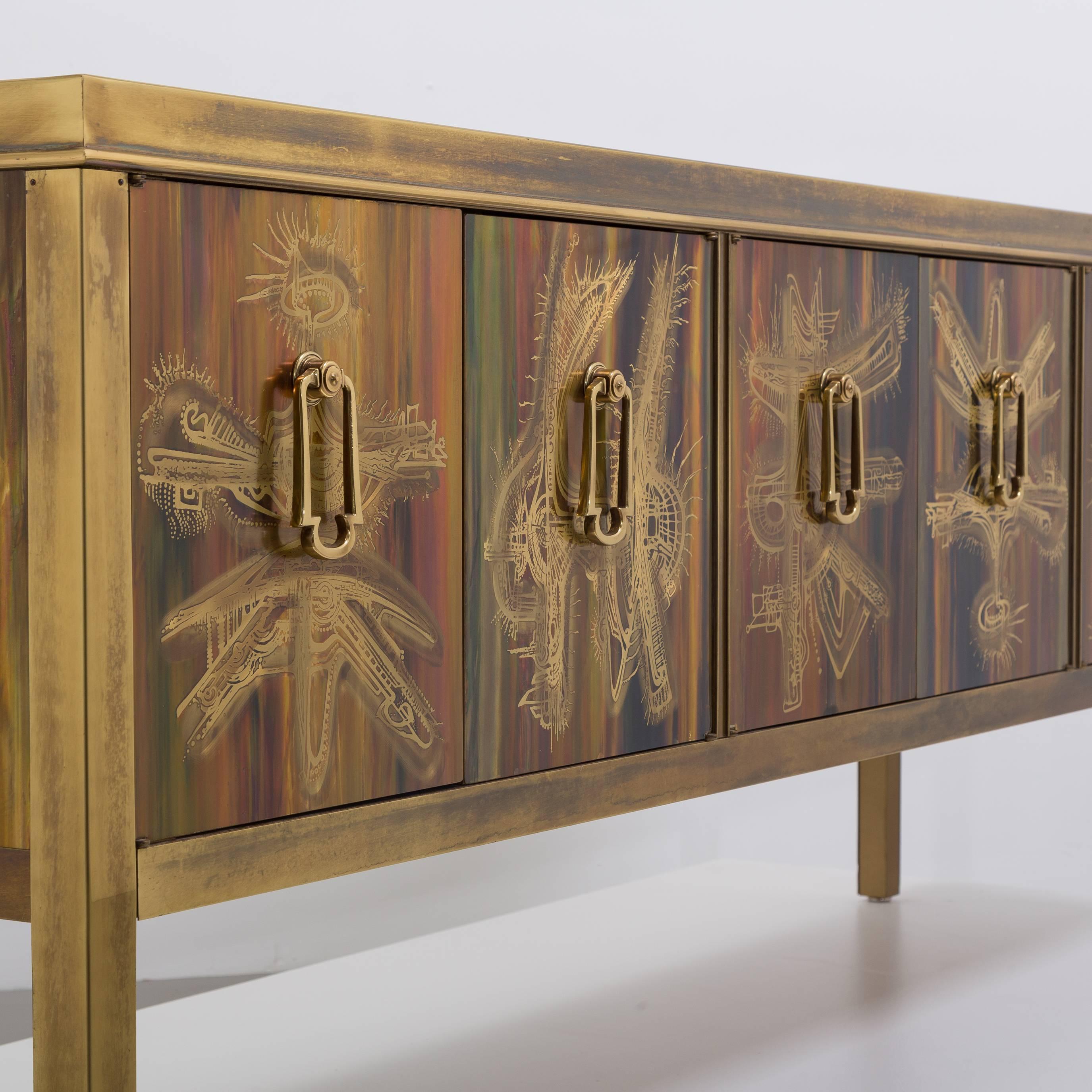 Acid Etched Six-Door Cabinet by Bernard Rohne for Mastercraft For Sale 3