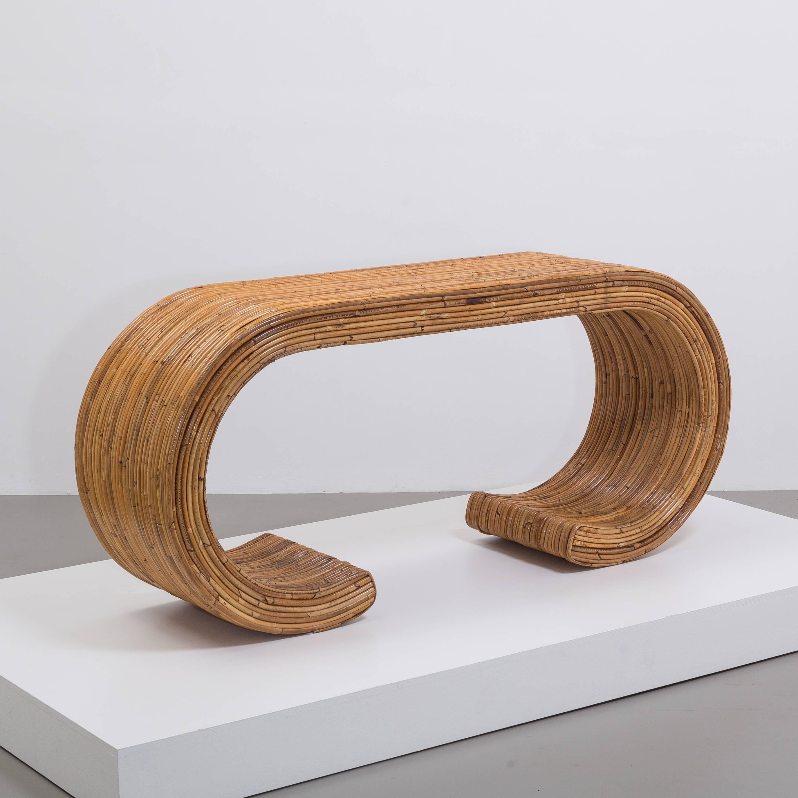 Pair of Bamboo Cane Wrapped Waterfall Console Tables, 1970s In Good Condition In London, GB
