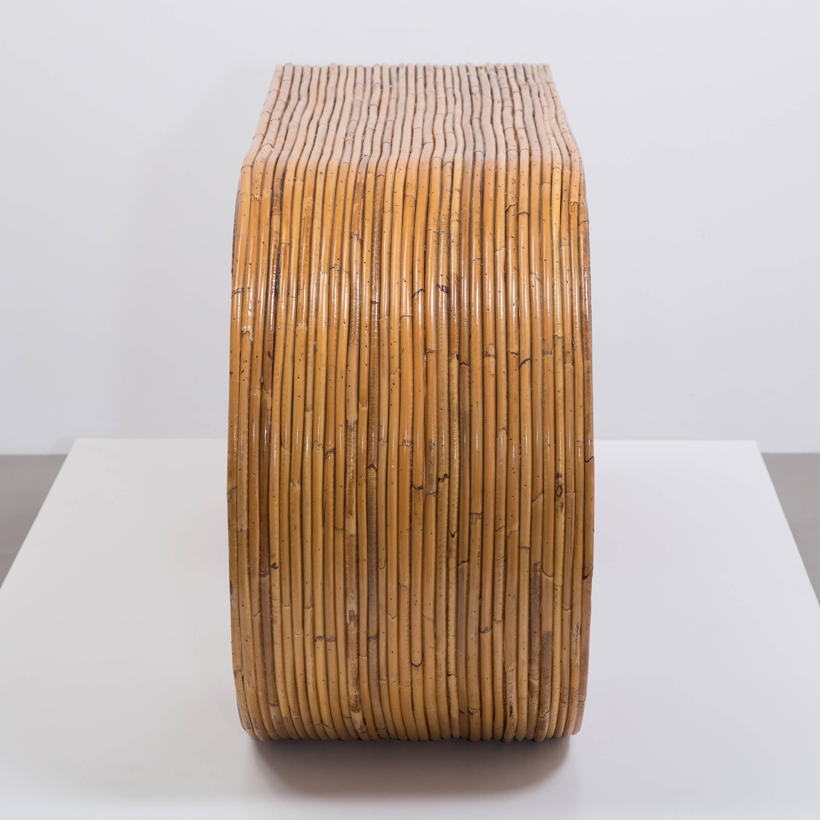 Late 20th Century Pair of Bamboo Cane Wrapped Waterfall Console Tables, 1970s