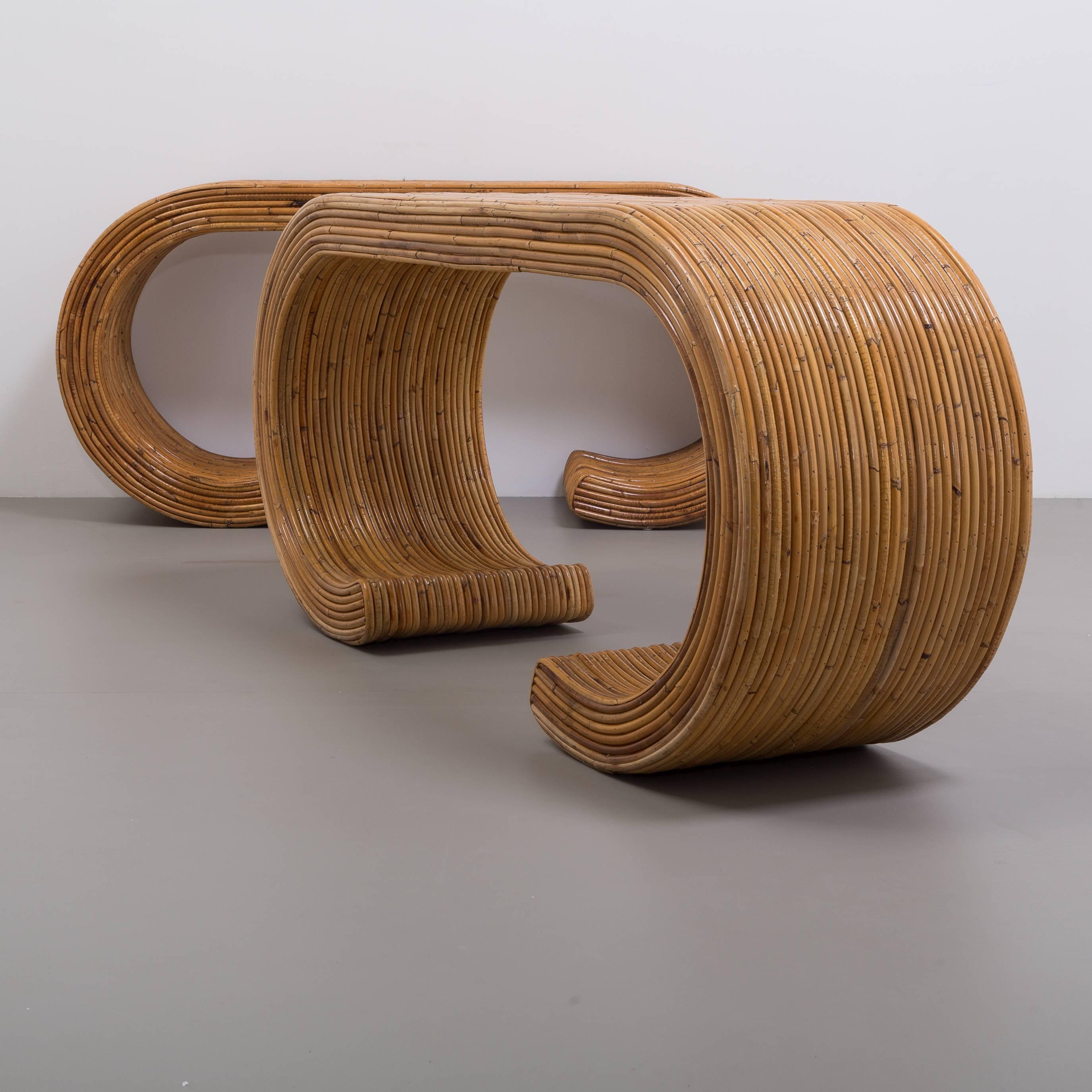 Pair of Bamboo Cane Wrapped Waterfall Console Tables, 1970s 2
