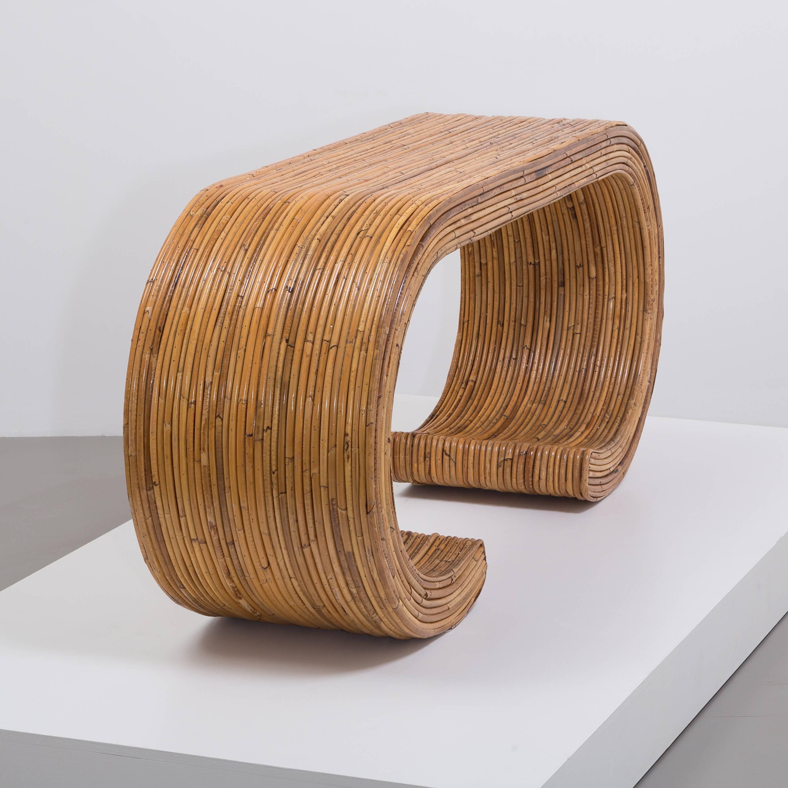Pair of Bamboo Cane Wrapped Waterfall Console Tables, 1970s 1